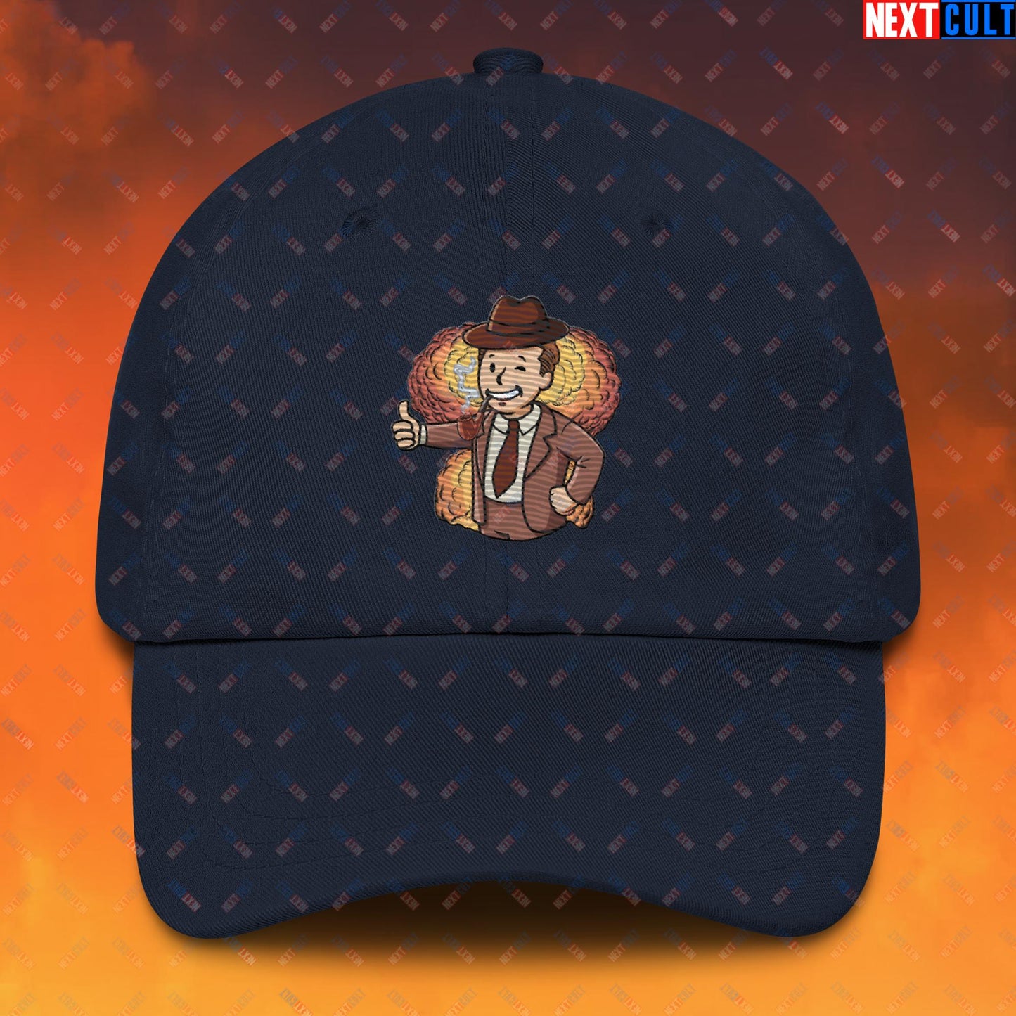 Nuclear Boy Oppenheimer Vault Boy Fallout Funny Meme Cartoon Mashup Dad hat Navy Hats Fallout Movies Oppenheimer Vault Boy Next Cult Brand