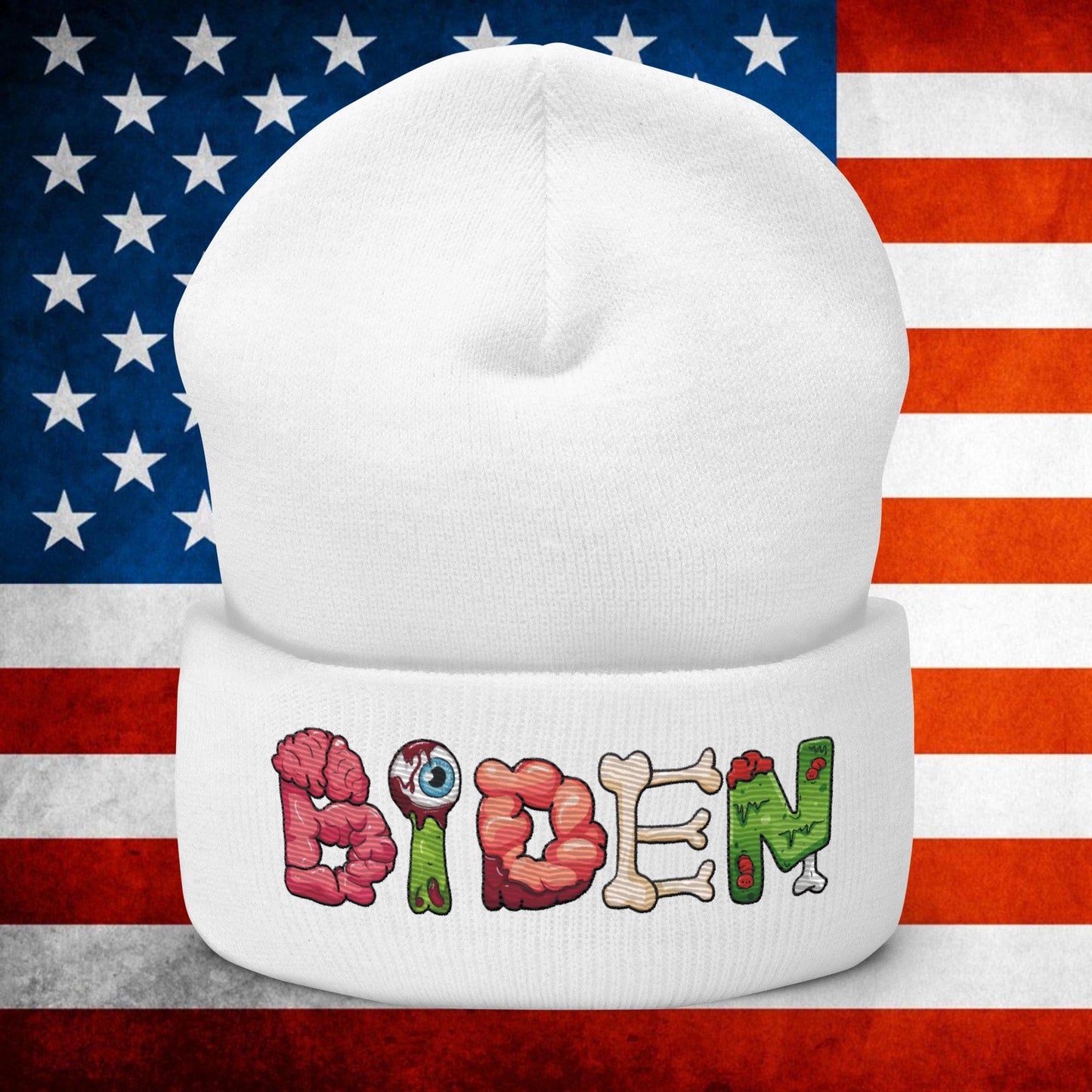 Old Joe Biden Zombie Walking Dead Funny Politics Beanie White Hats Joe Biden Politics TV Shows Walking Dead Zombie Next Cult Brand