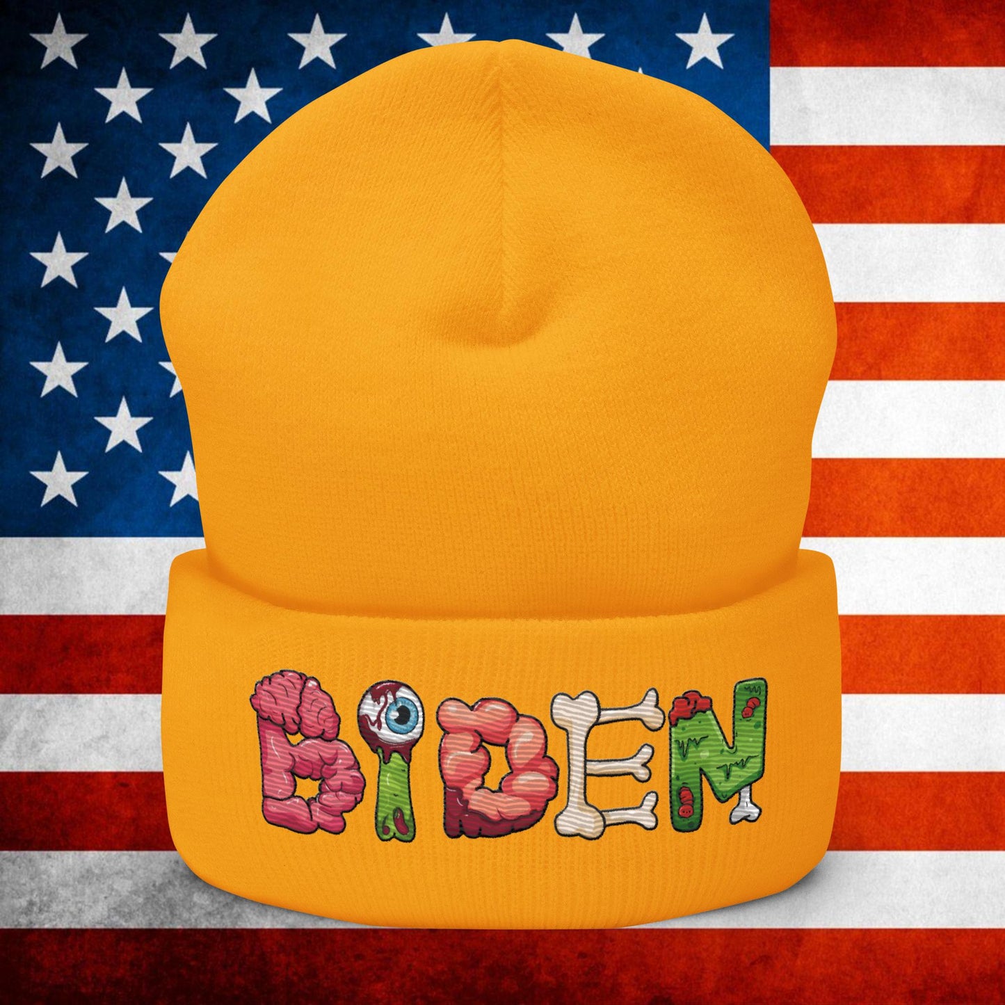 Old Joe Biden Zombie Walking Dead Funny Politics Beanie Gold Hats Joe Biden Politics TV Shows Walking Dead Zombie Next Cult Brand