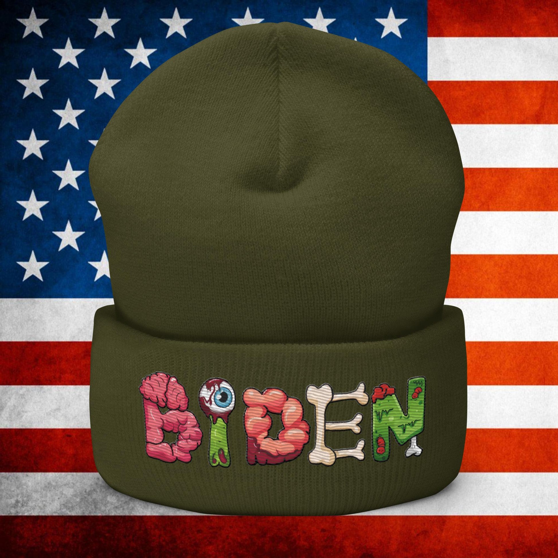 Old Joe Biden Zombie Walking Dead Funny Politics Beanie Olive Hats Joe Biden Politics TV Shows Walking Dead Zombie Next Cult Brand