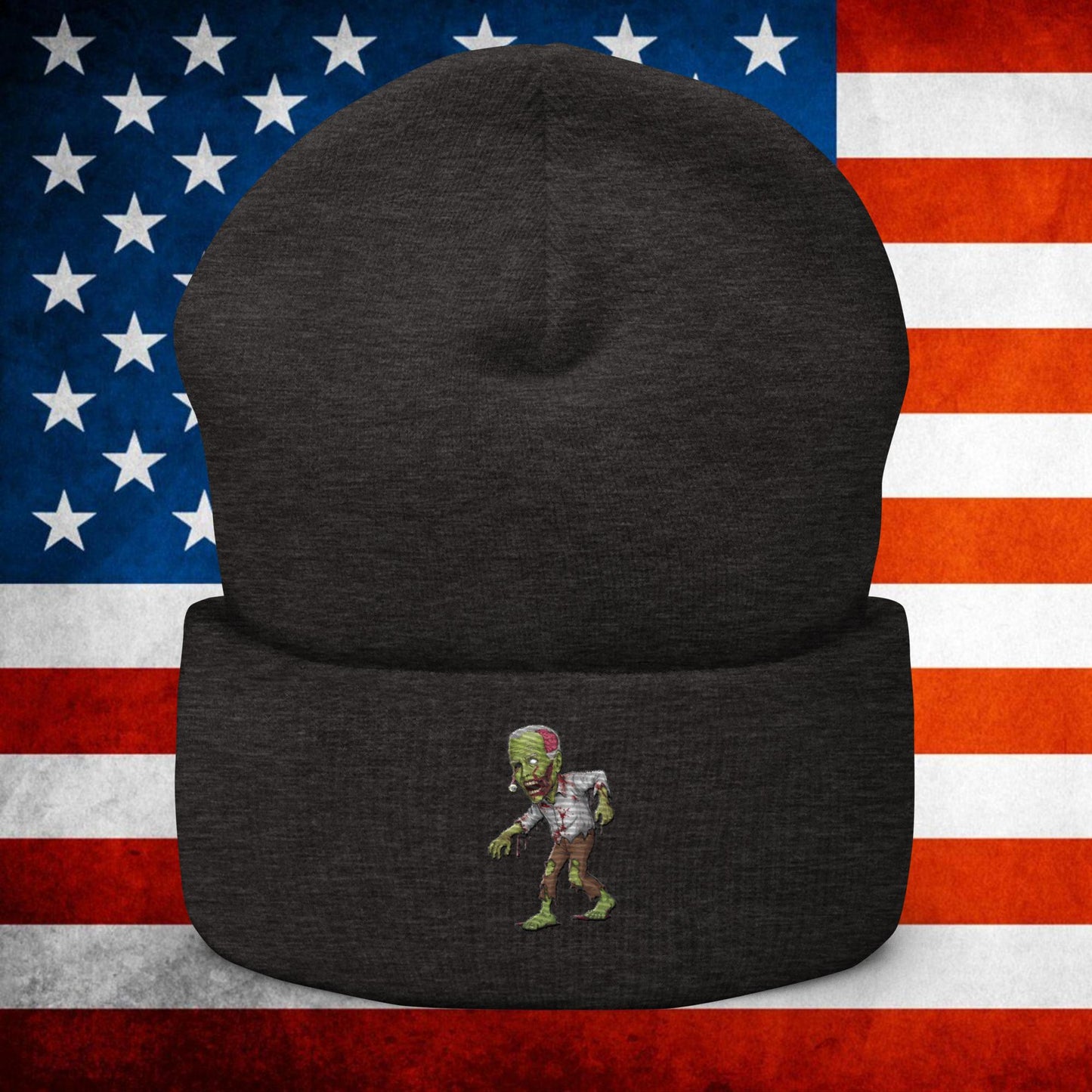 Old Joe Biden Zombie Walking Dead Funny Politics Cuffed Beanie Dark Grey Hats Joe Biden Politics TV Shows Walking Dead Zombie Next Cult Brand