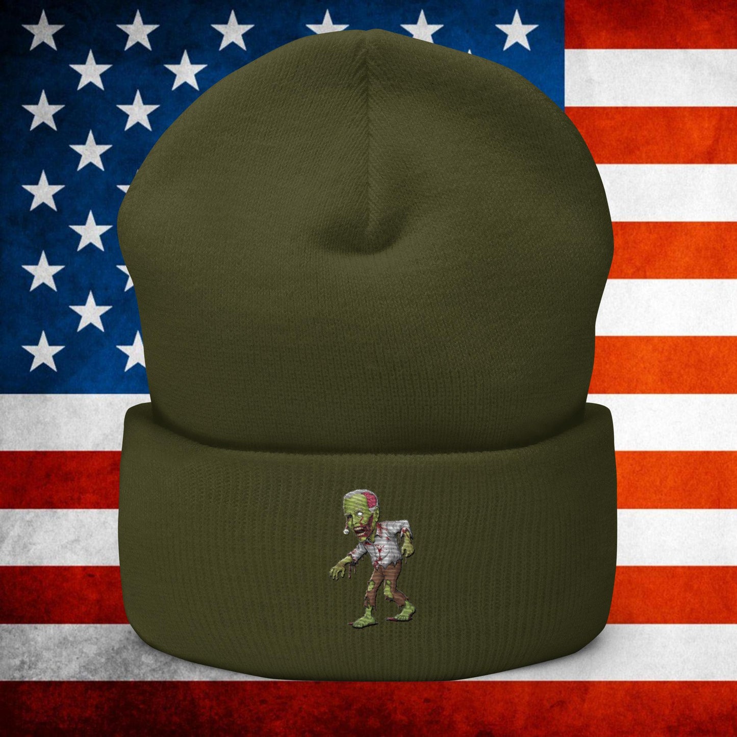 Old Joe Biden Zombie Walking Dead Funny Politics Cuffed Beanie Olive Hats Joe Biden Politics TV Shows Walking Dead Zombie Next Cult Brand