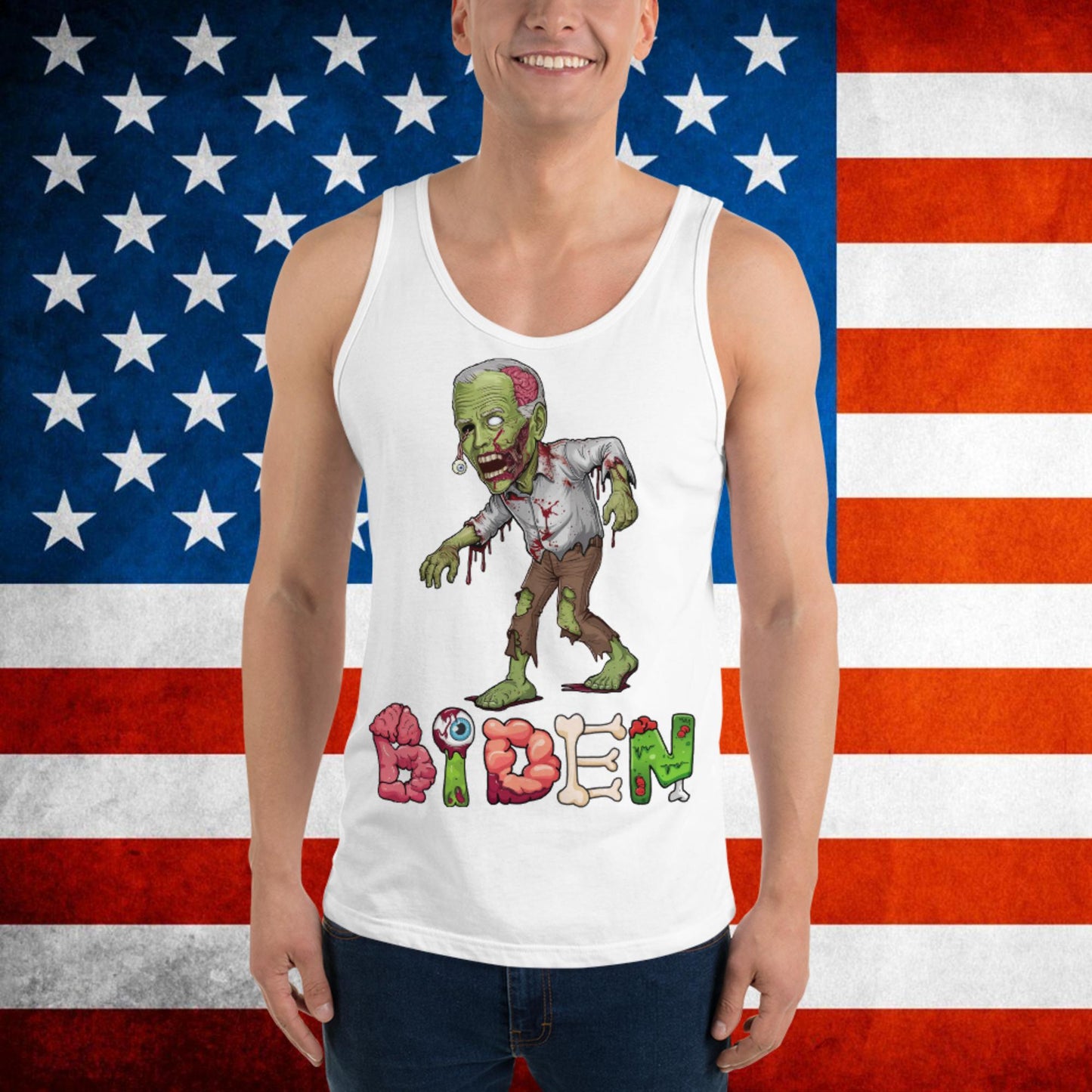 Old Joe Biden Zombie Walking Dead Funny Politics Tank Top White Tank Tops Joe Biden Politics TV Shows Walking Dead Zombie Next Cult Brand