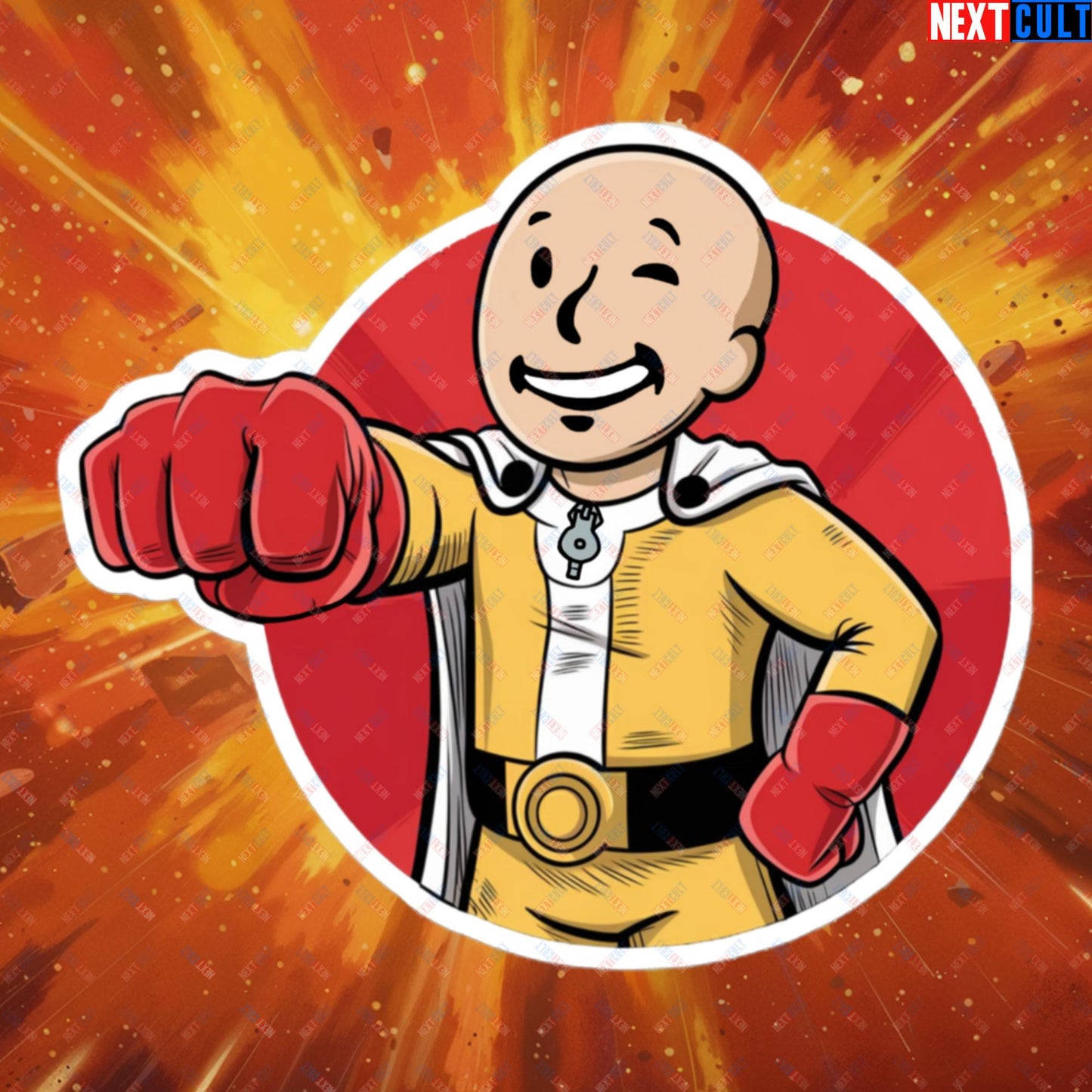 One Punch Boy One Punch Man Anime Vault Boy Fallout Funny Meme Cartoon Mashup Bubble-free stickers 5.5″×5.5″ Stickers Fallout One Punch Man TV Shows Vault Boy Next Cult Brand