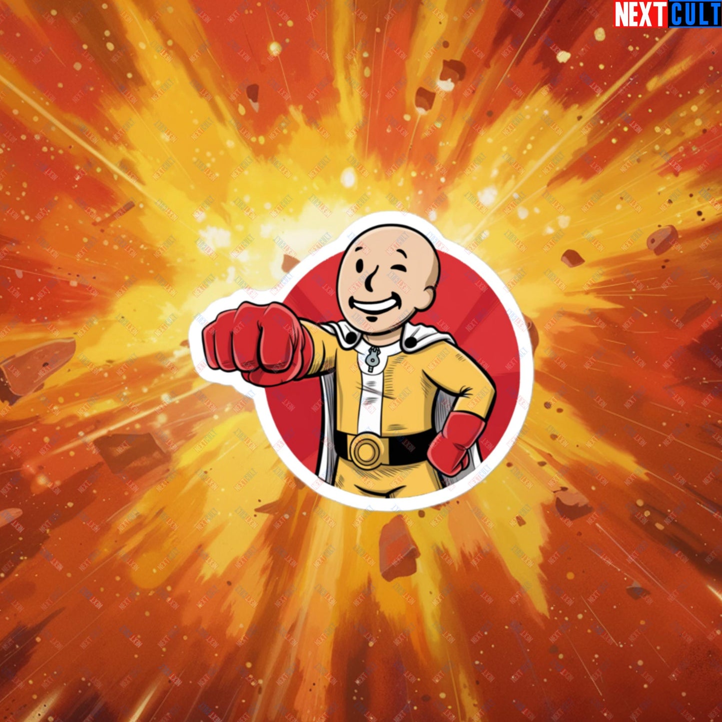 One Punch Boy One Punch Man Anime Vault Boy Fallout Funny Meme Cartoon Mashup Bubble-free stickers 3″×3″ Stickers Fallout One Punch Man TV Shows Vault Boy Next Cult Brand