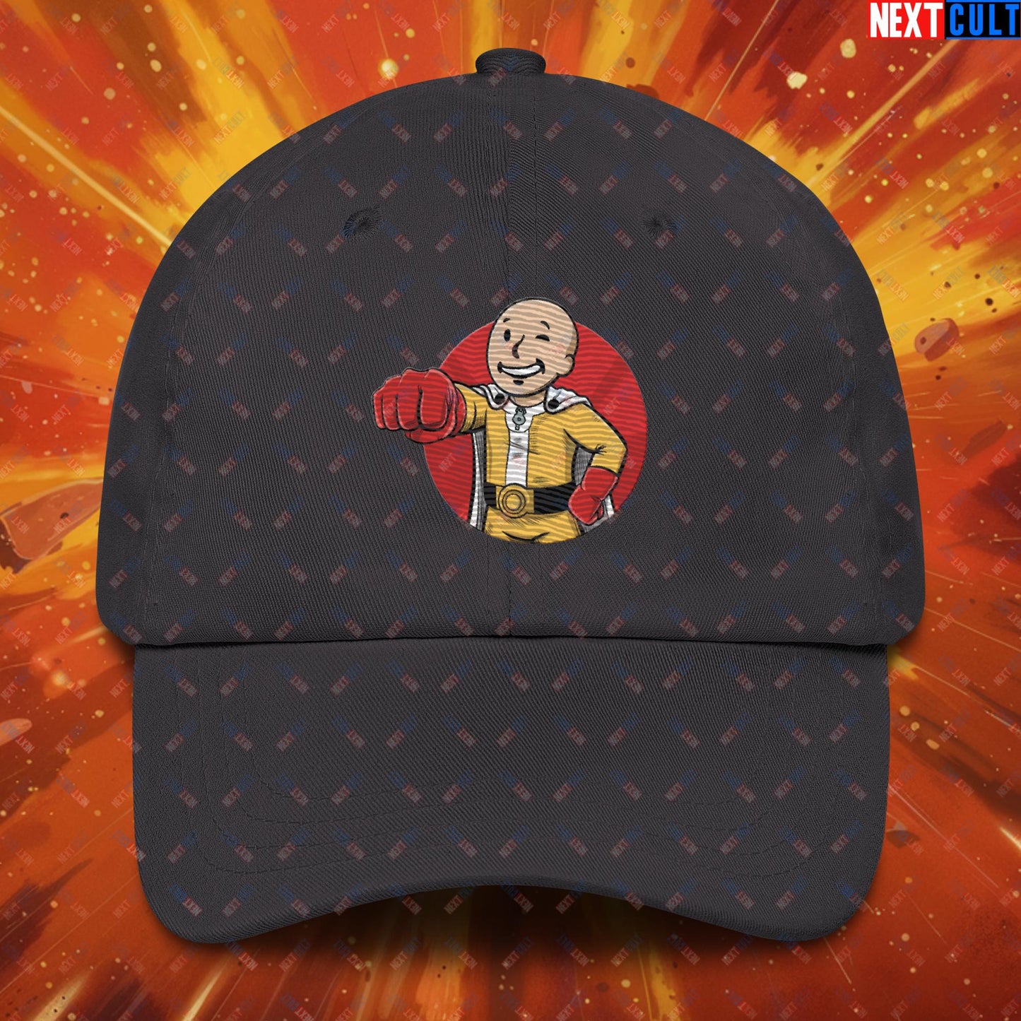 One Punch Boy One Punch Man Anime Vault Boy Fallout Funny Meme Cartoon Mashup Dad hat Dark Grey Hats Fallout One Punch Man TV Shows Vault Boy Next Cult Brand