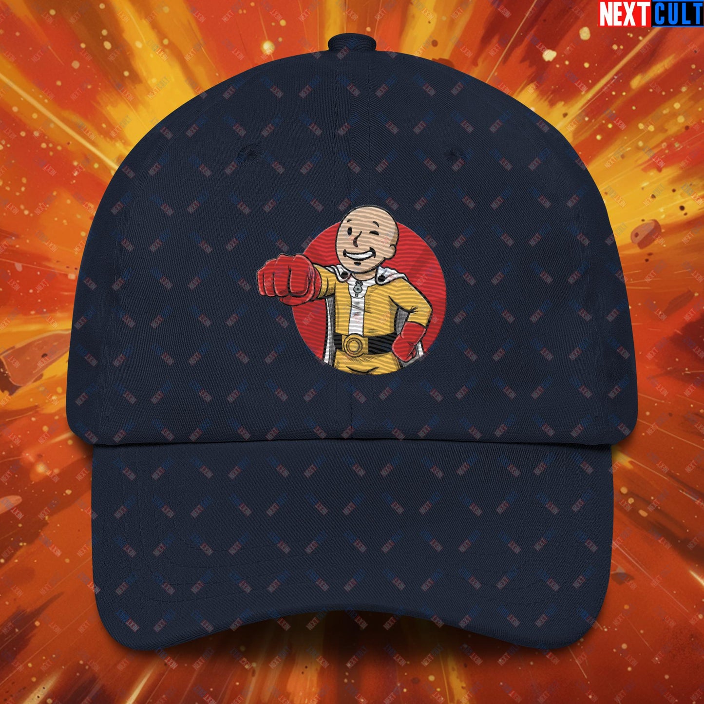 One Punch Boy One Punch Man Anime Vault Boy Fallout Funny Meme Cartoon Mashup Dad hat Navy Hats Fallout One Punch Man TV Shows Vault Boy Next Cult Brand