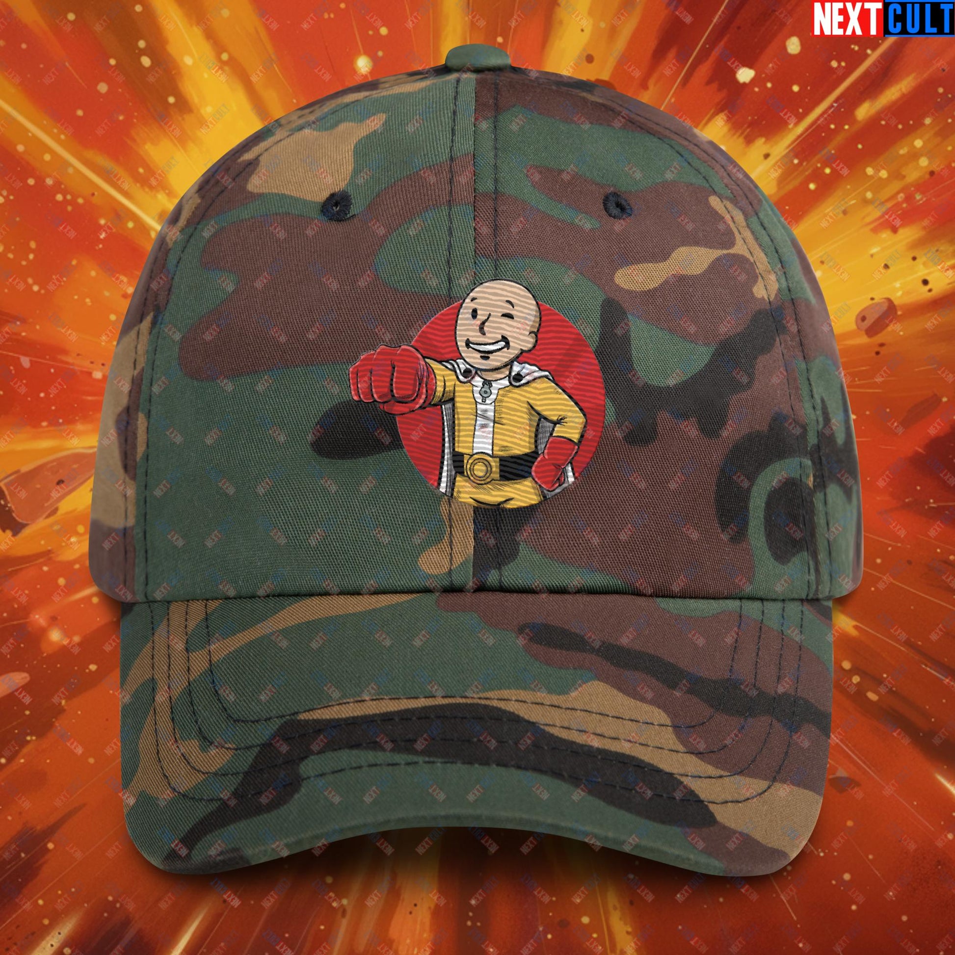 One Punch Boy One Punch Man Anime Vault Boy Fallout Funny Meme Cartoon Mashup Dad hat Green Camo Hats Fallout One Punch Man TV Shows Vault Boy Next Cult Brand