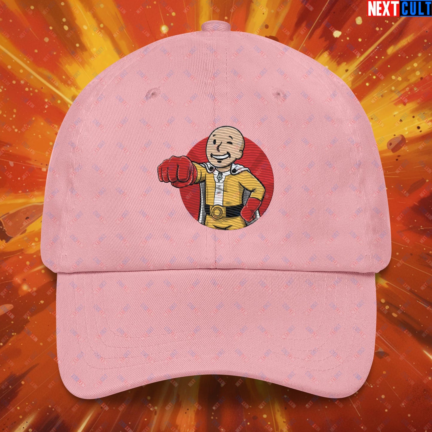 One Punch Boy One Punch Man Anime Vault Boy Fallout Funny Meme Cartoon Mashup Dad hat Pink Hats Fallout One Punch Man TV Shows Vault Boy Next Cult Brand