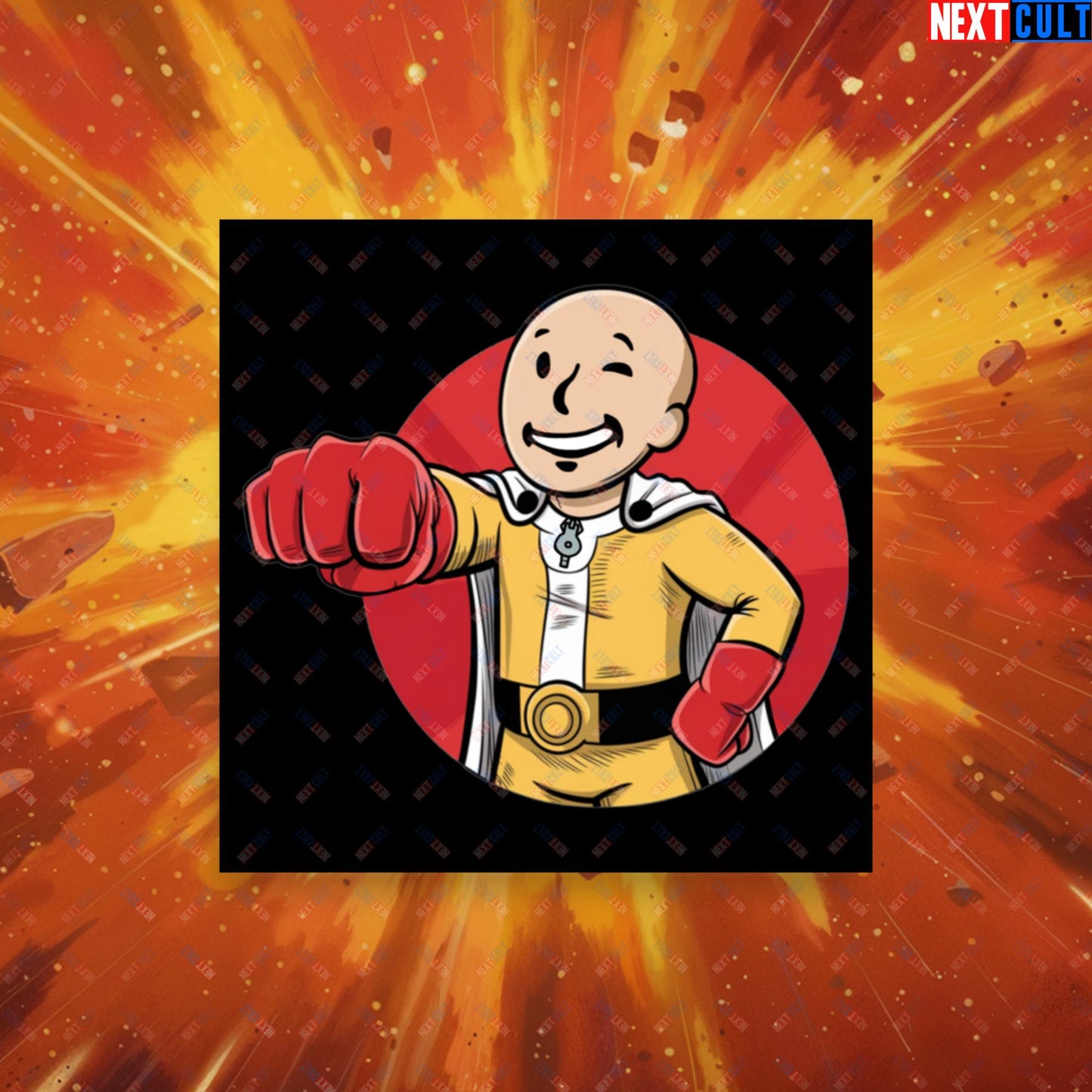 One Punch Boy One Punch Man Anime Vault Boy Fallout Funny Meme Cartoon Mashup Poster 14″×14″ Posters Fallout One Punch Man TV Shows Vault Boy Next Cult Brand