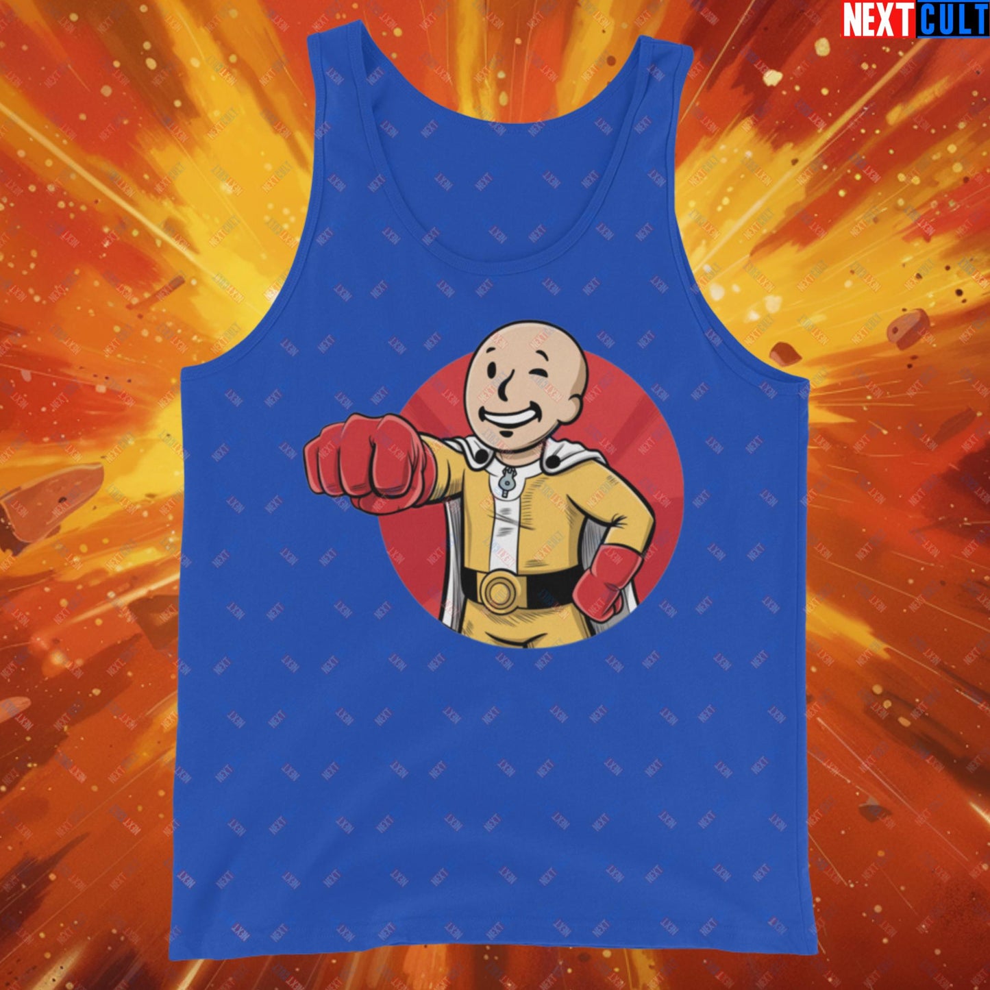 One Punch Boy One Punch Man Anime Vault Boy Fallout Funny Meme Cartoon Mashup Tank Top True Royal Tank Tops Fallout One Punch Man TV Shows Vault Boy Next Cult Brand