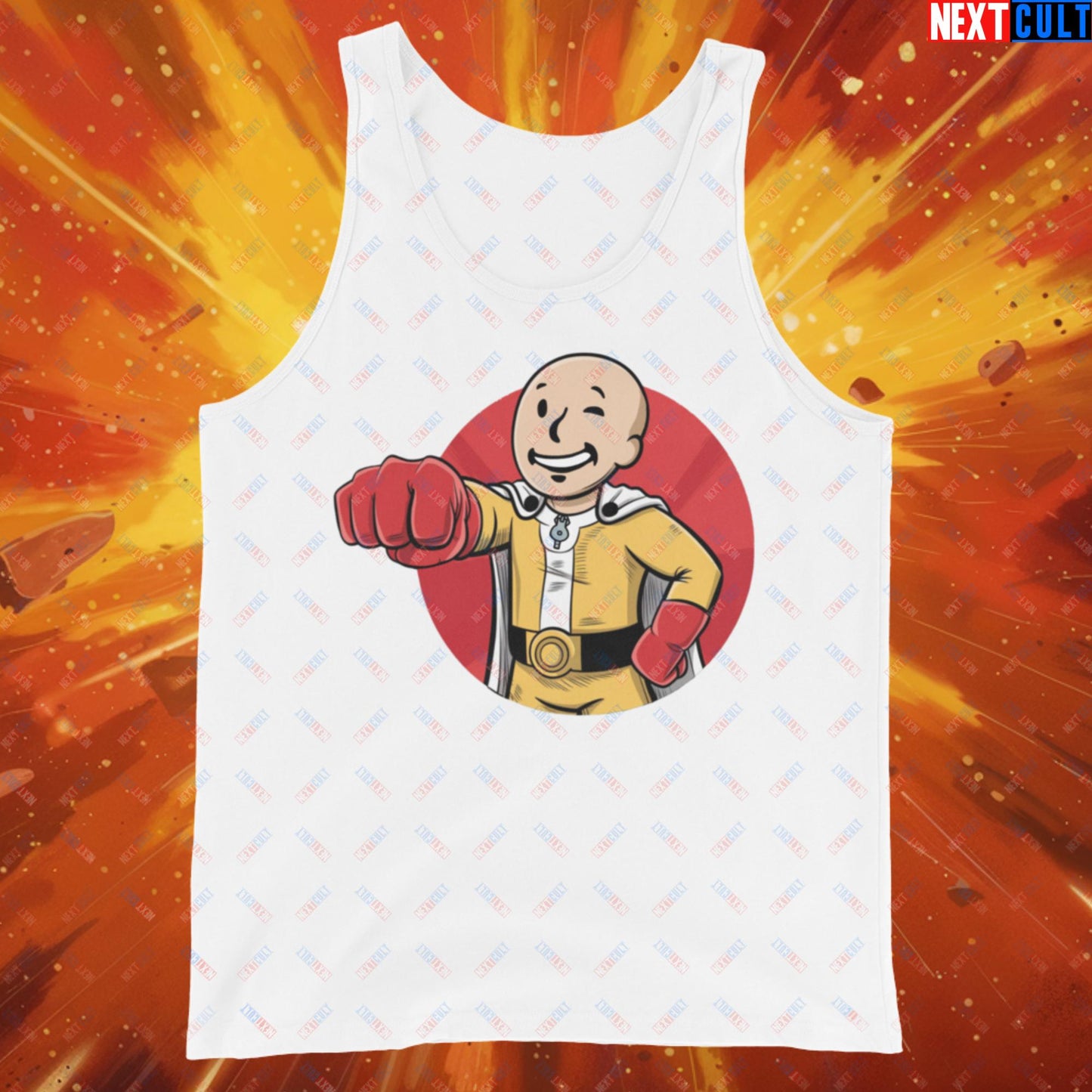 One Punch Boy One Punch Man Anime Vault Boy Fallout Funny Meme Cartoon Mashup Tank Top White Tank Tops Fallout One Punch Man TV Shows Vault Boy Next Cult Brand