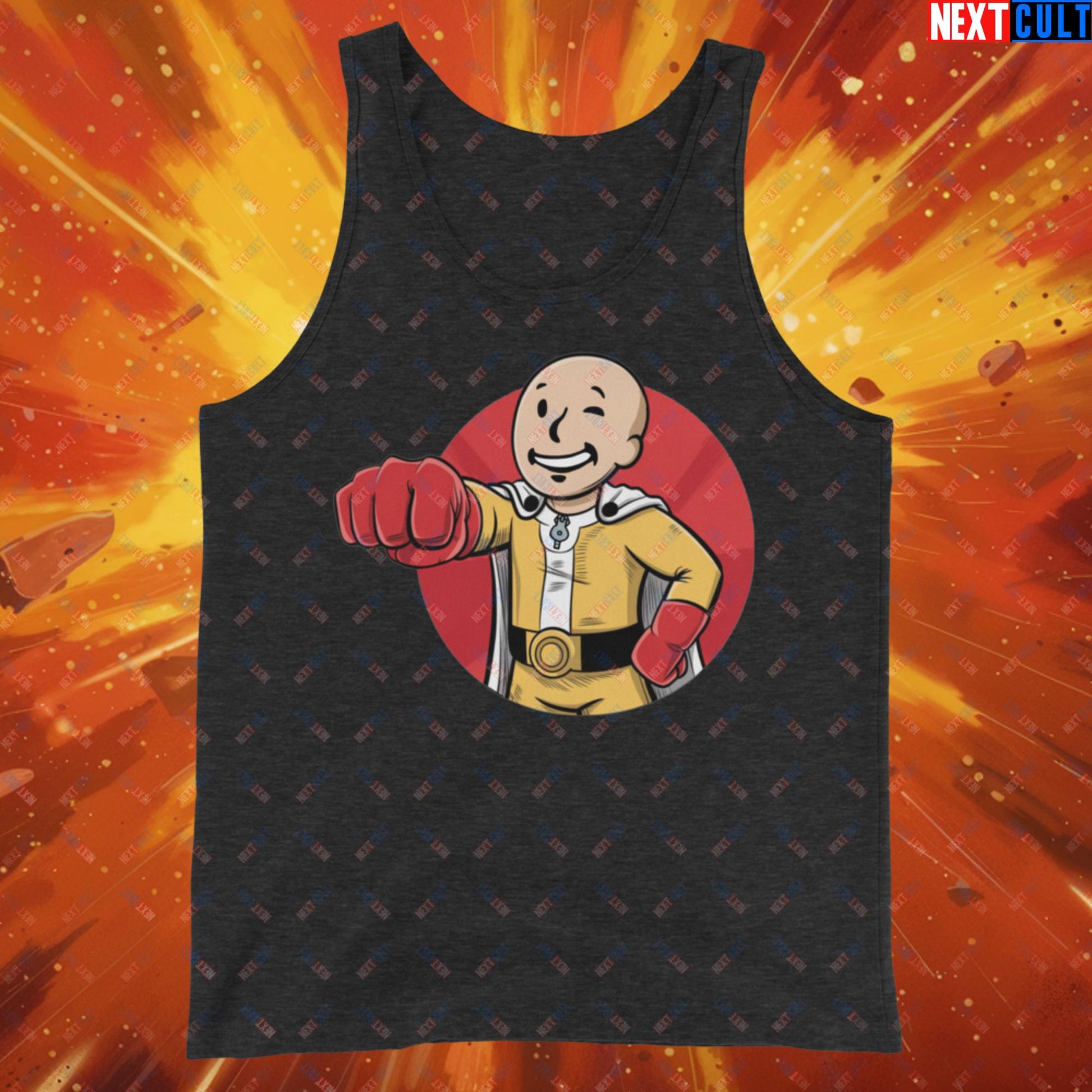 One Punch Boy One Punch Man Anime Vault Boy Fallout Funny Meme Cartoon Mashup Tank Top Charcoal-Black Triblend Tank Tops Fallout One Punch Man TV Shows Vault Boy Next Cult Brand