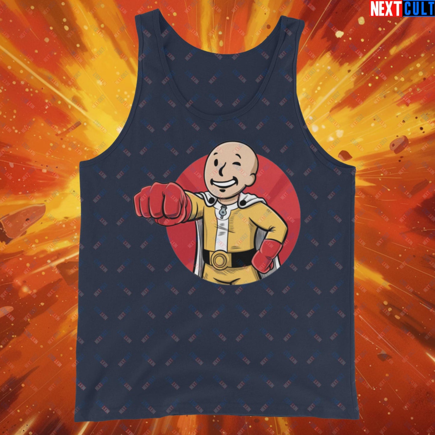 One Punch Boy One Punch Man Anime Vault Boy Fallout Funny Meme Cartoon Mashup Tank Top Navy Tank Tops Fallout One Punch Man TV Shows Vault Boy Next Cult Brand