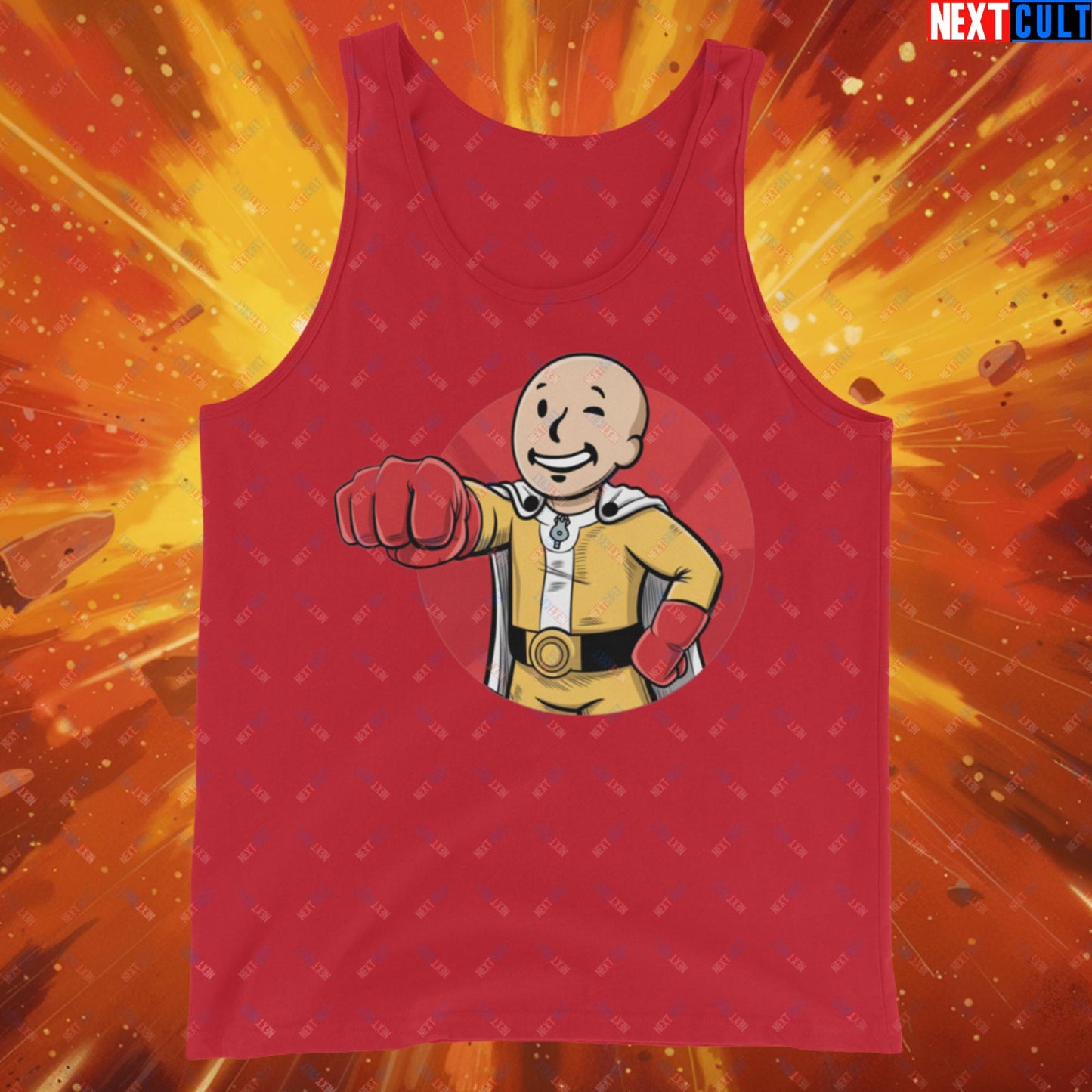 One Punch Boy One Punch Man Anime Vault Boy Fallout Funny Meme Cartoon Mashup Tank Top Red Tank Tops Fallout One Punch Man TV Shows Vault Boy Next Cult Brand