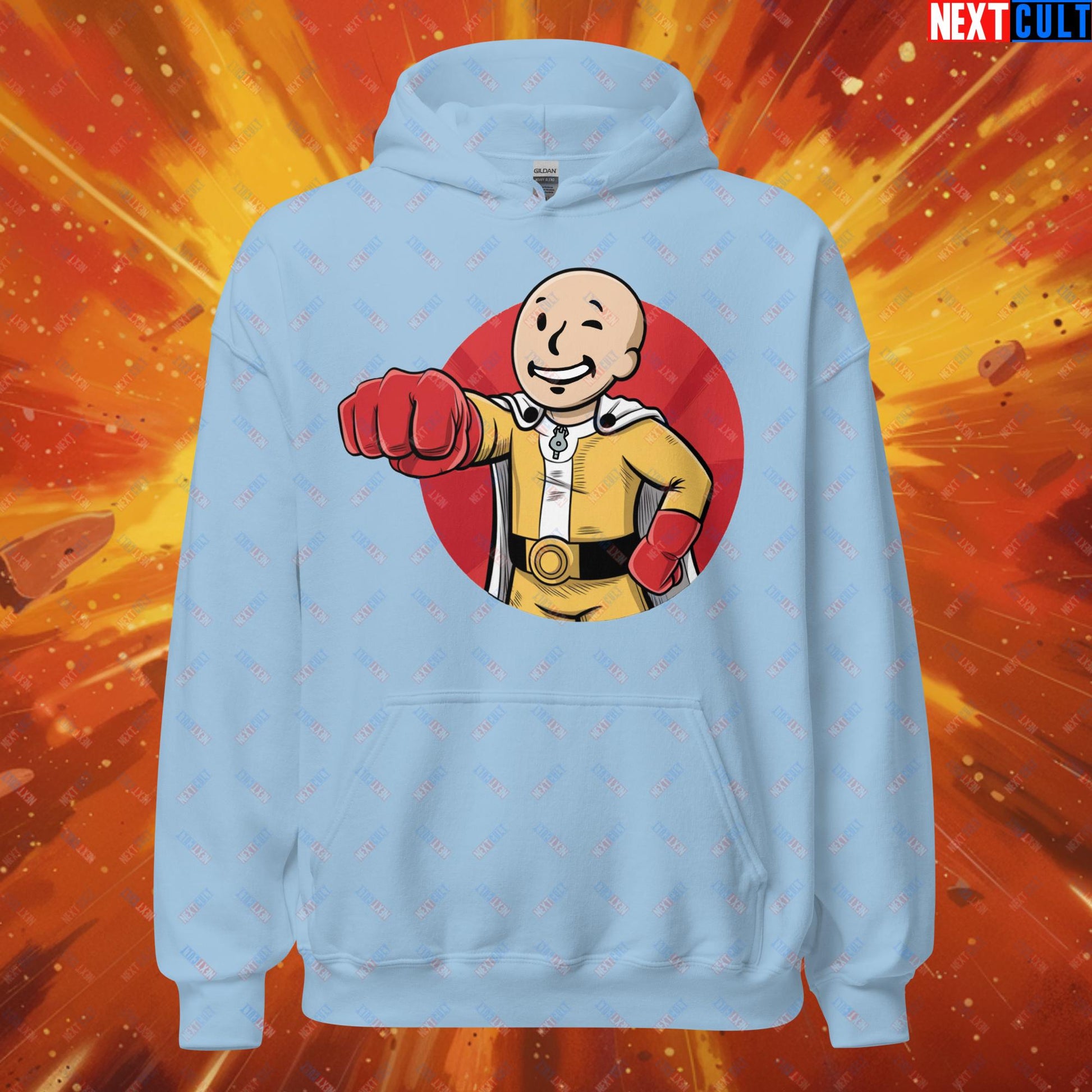 One Punch Boy One Punch Man Anime Vault Boy Fallout Funny Meme Cartoon Mashup Unisex Hoodie Light Blue Hoodies Fallout One Punch Man TV Shows Vault Boy Next Cult Brand