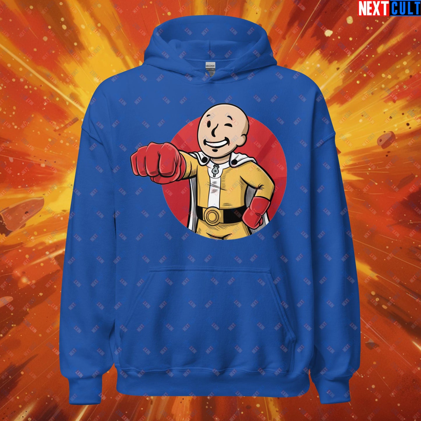 One Punch Boy One Punch Man Anime Vault Boy Fallout Funny Meme Cartoon Mashup Unisex Hoodie Royal Hoodies Fallout One Punch Man TV Shows Vault Boy Next Cult Brand