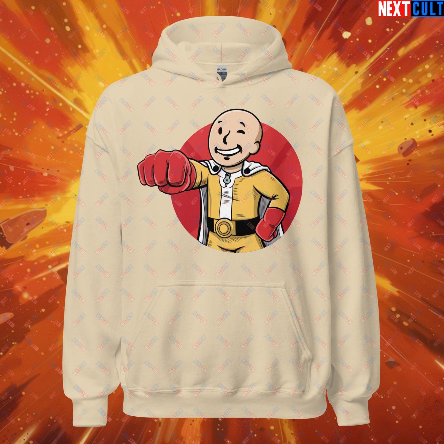 One Punch Boy One Punch Man Anime Vault Boy Fallout Funny Meme Cartoon Mashup Unisex Hoodie Sand Hoodies Fallout One Punch Man TV Shows Vault Boy Next Cult Brand