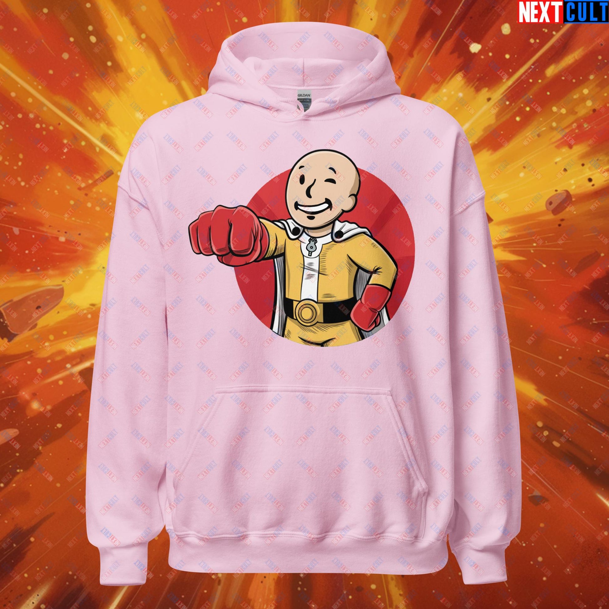 One Punch Boy One Punch Man Anime Vault Boy Fallout Funny Meme Cartoon Mashup Unisex Hoodie Light Pink Hoodies Fallout One Punch Man TV Shows Vault Boy Next Cult Brand