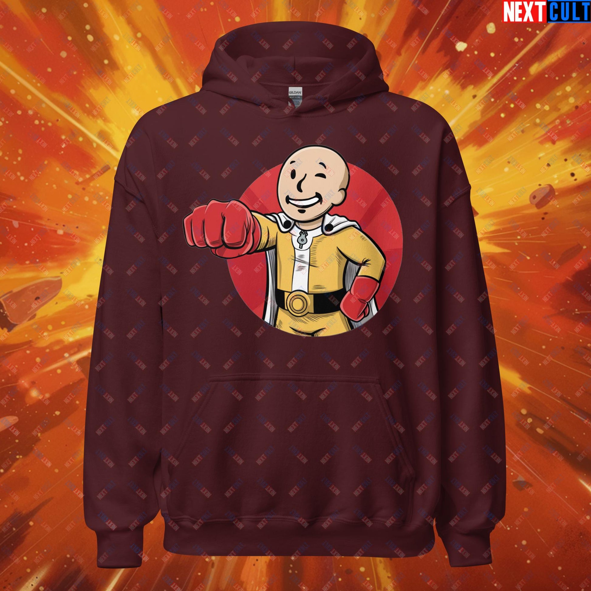 One Punch Boy One Punch Man Anime Vault Boy Fallout Funny Meme Cartoon Mashup Unisex Hoodie Maroon Hoodies Fallout One Punch Man TV Shows Vault Boy Next Cult Brand