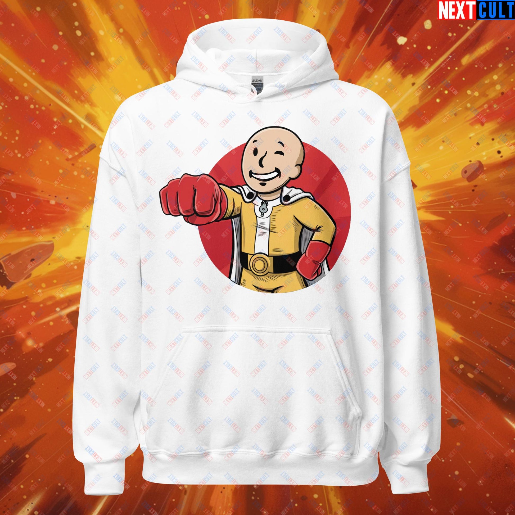 One Punch Boy One Punch Man Anime Vault Boy Fallout Funny Meme Cartoon Mashup Unisex Hoodie White Hoodies Fallout One Punch Man TV Shows Vault Boy Next Cult Brand