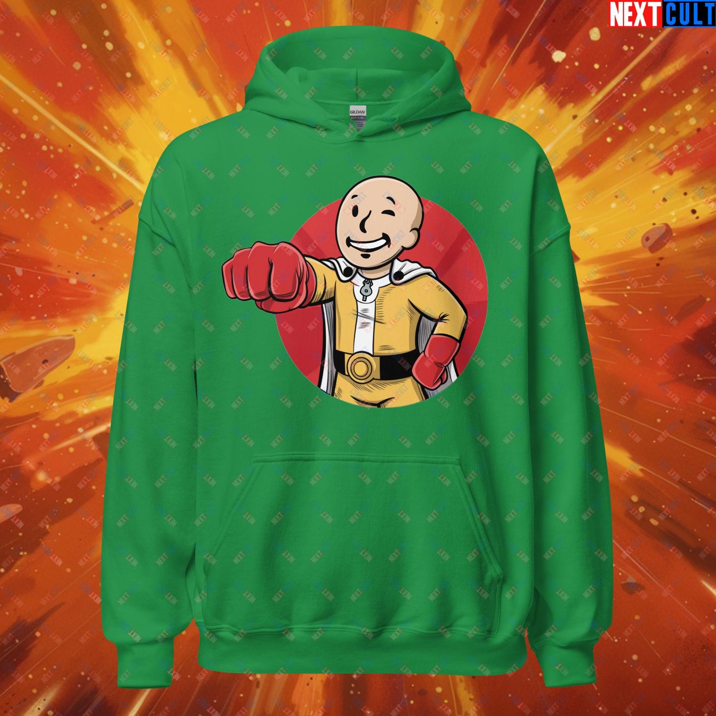 One Punch Boy One Punch Man Anime Vault Boy Fallout Funny Meme Cartoon Mashup Unisex Hoodie Irish Green Hoodies Fallout One Punch Man TV Shows Vault Boy Next Cult Brand