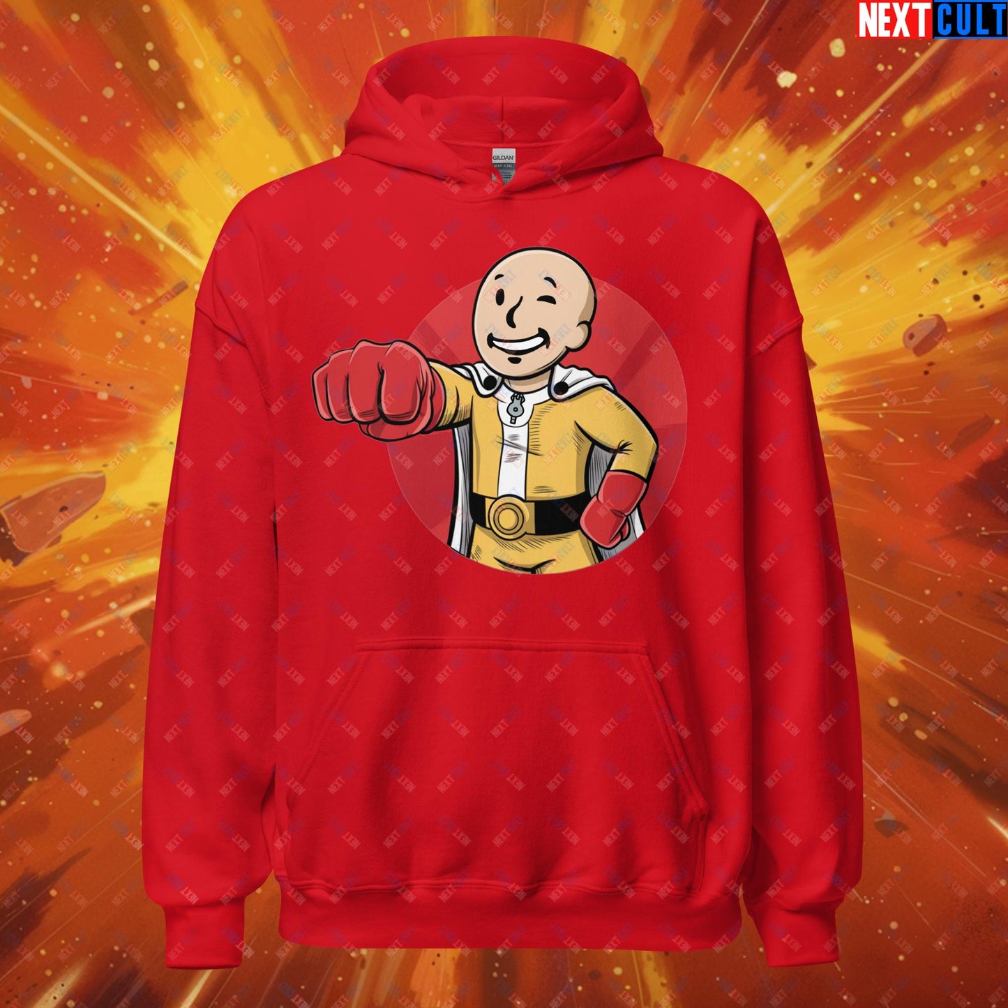 One Punch Boy One Punch Man Anime Vault Boy Fallout Funny Meme Cartoon Mashup Unisex Hoodie Red Hoodies Fallout One Punch Man TV Shows Vault Boy Next Cult Brand