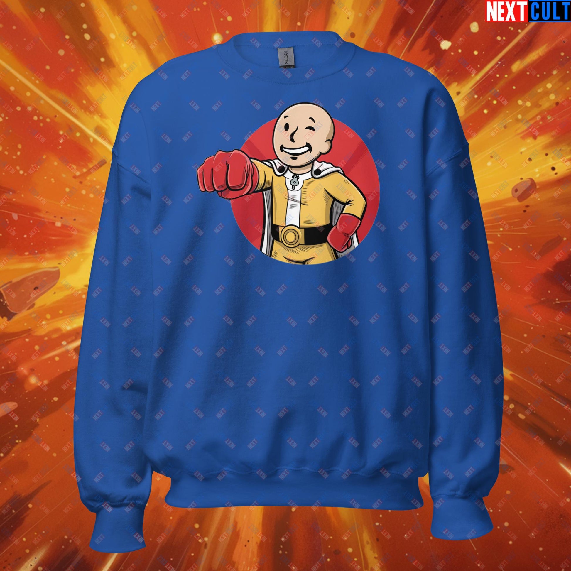 One Punch Boy One Punch Man Anime Vault Boy Fallout Funny Meme Cartoon Mashup Unisex Sweatshirt Royal Sweatshirts Fallout One Punch Man TV Shows Vault Boy Next Cult Brand