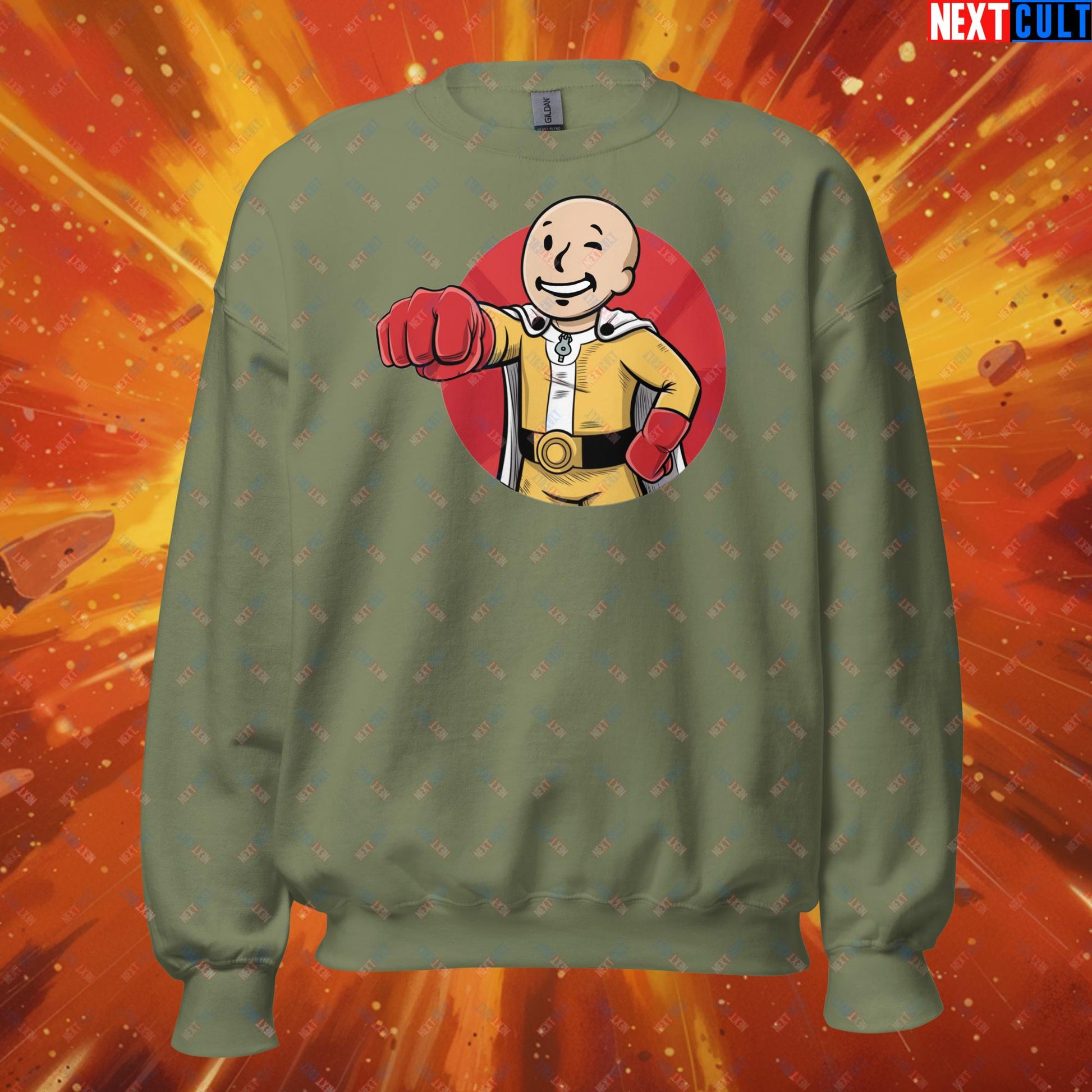 One Punch Boy One Punch Man Anime Vault Boy Fallout Funny Meme Cartoon Mashup Unisex Sweatshirt Military Green Sweatshirts Fallout One Punch Man TV Shows Vault Boy Next Cult Brand