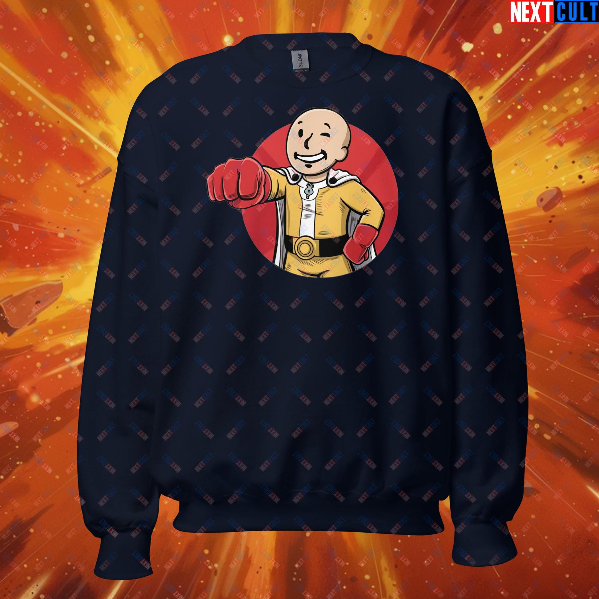 One Punch Boy One Punch Man Anime Vault Boy Fallout Funny Meme Cartoon Mashup Unisex Sweatshirt Navy Sweatshirts Fallout One Punch Man TV Shows Vault Boy Next Cult Brand