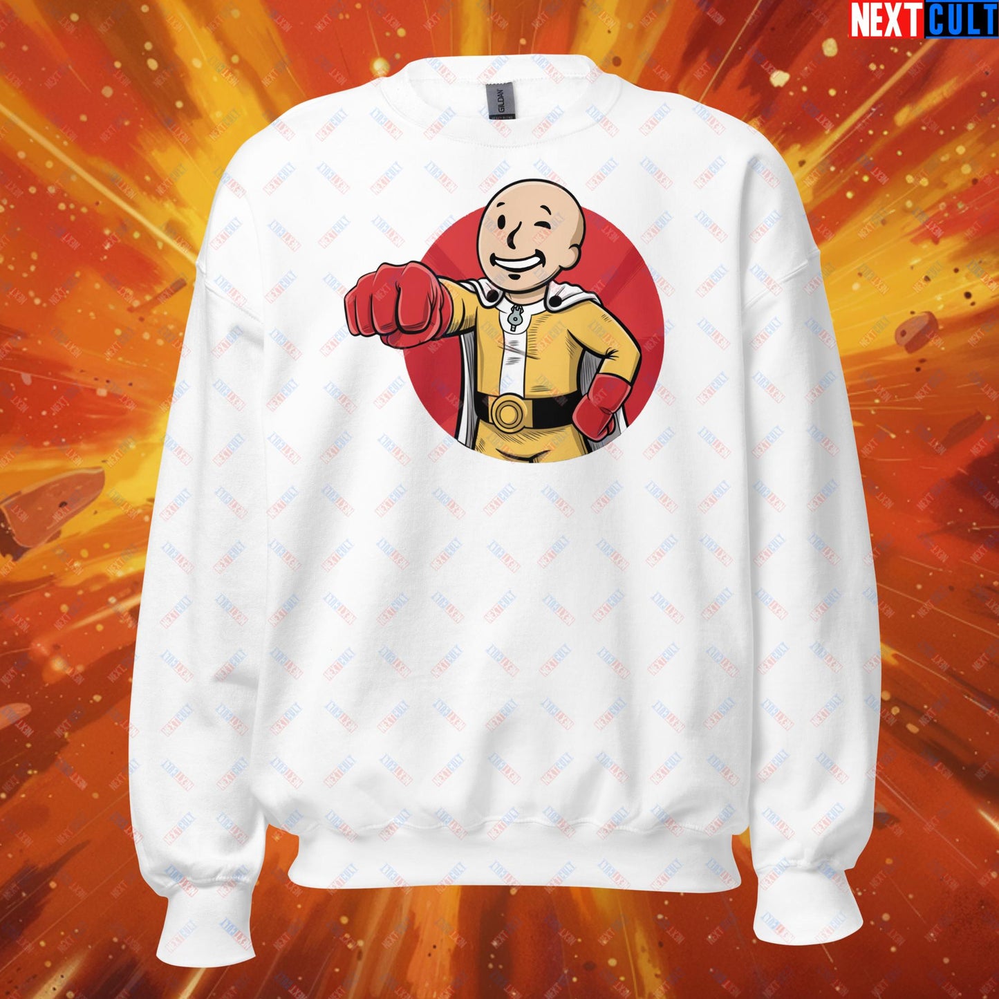 One Punch Boy One Punch Man Anime Vault Boy Fallout Funny Meme Cartoon Mashup Unisex Sweatshirt White Sweatshirts Fallout One Punch Man TV Shows Vault Boy Next Cult Brand