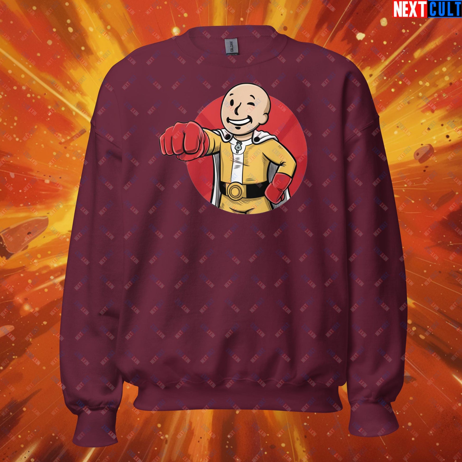 One Punch Boy One Punch Man Anime Vault Boy Fallout Funny Meme Cartoon Mashup Unisex Sweatshirt Maroon Sweatshirts Fallout One Punch Man TV Shows Vault Boy Next Cult Brand