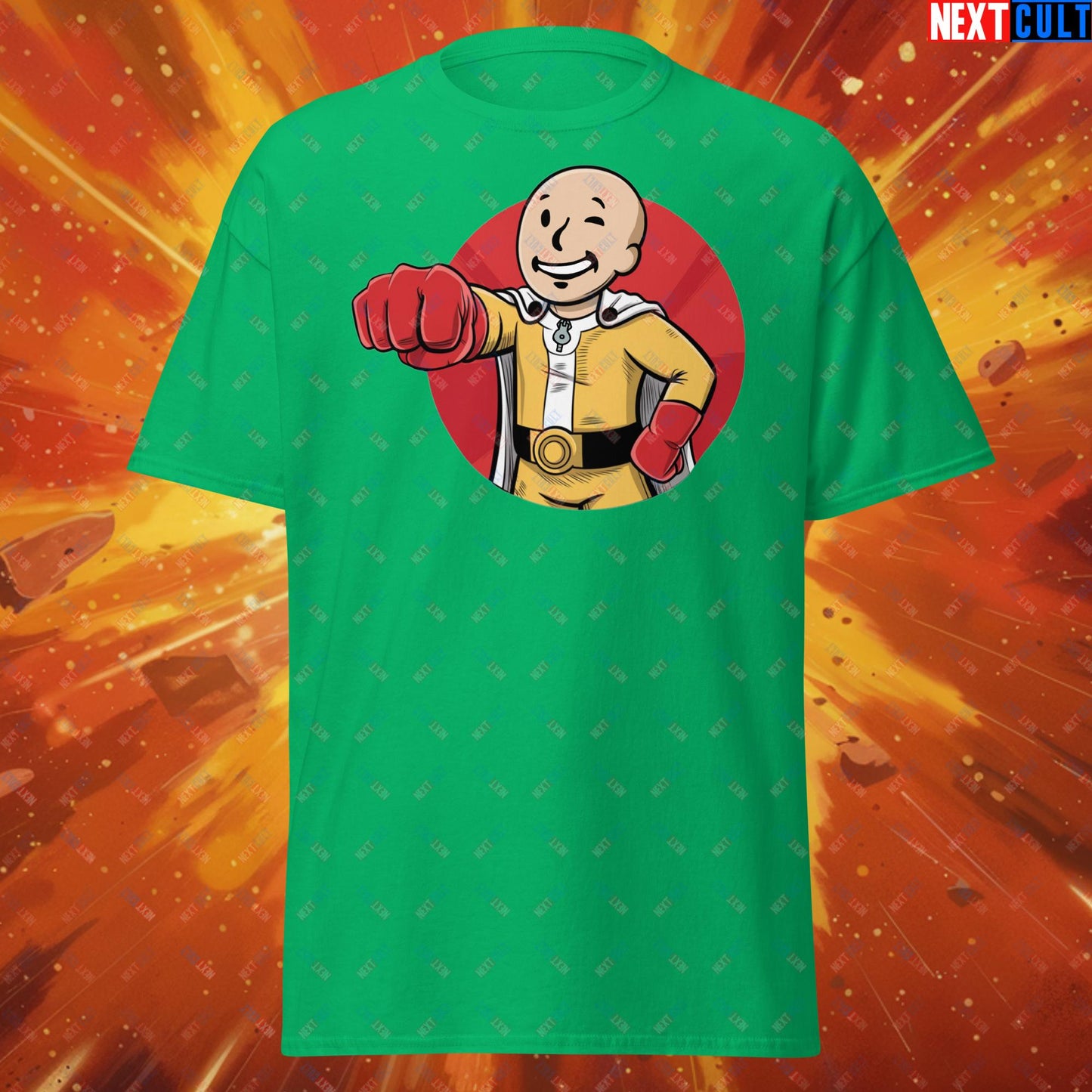 One Punch Boy One Punch Man Anime Vault Boy Fallout Funny Meme Cartoon Mashup Unisex tee Irish Green T-shirts Fallout One Punch Man TV Shows Vault Boy Next Cult Brand