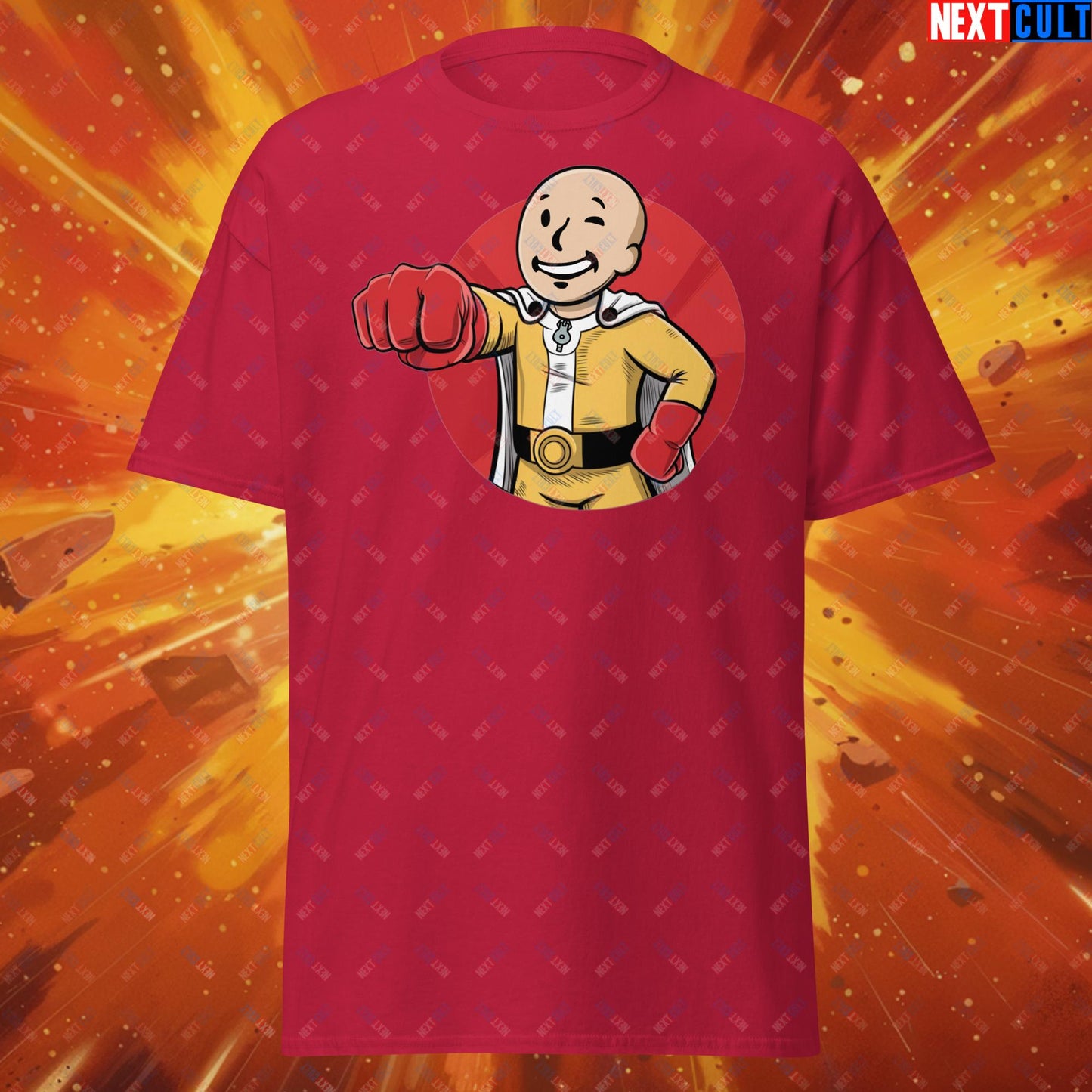 One Punch Boy One Punch Man Anime Vault Boy Fallout Funny Meme Cartoon Mashup Unisex tee Cardinal T-shirts Fallout One Punch Man TV Shows Vault Boy Next Cult Brand