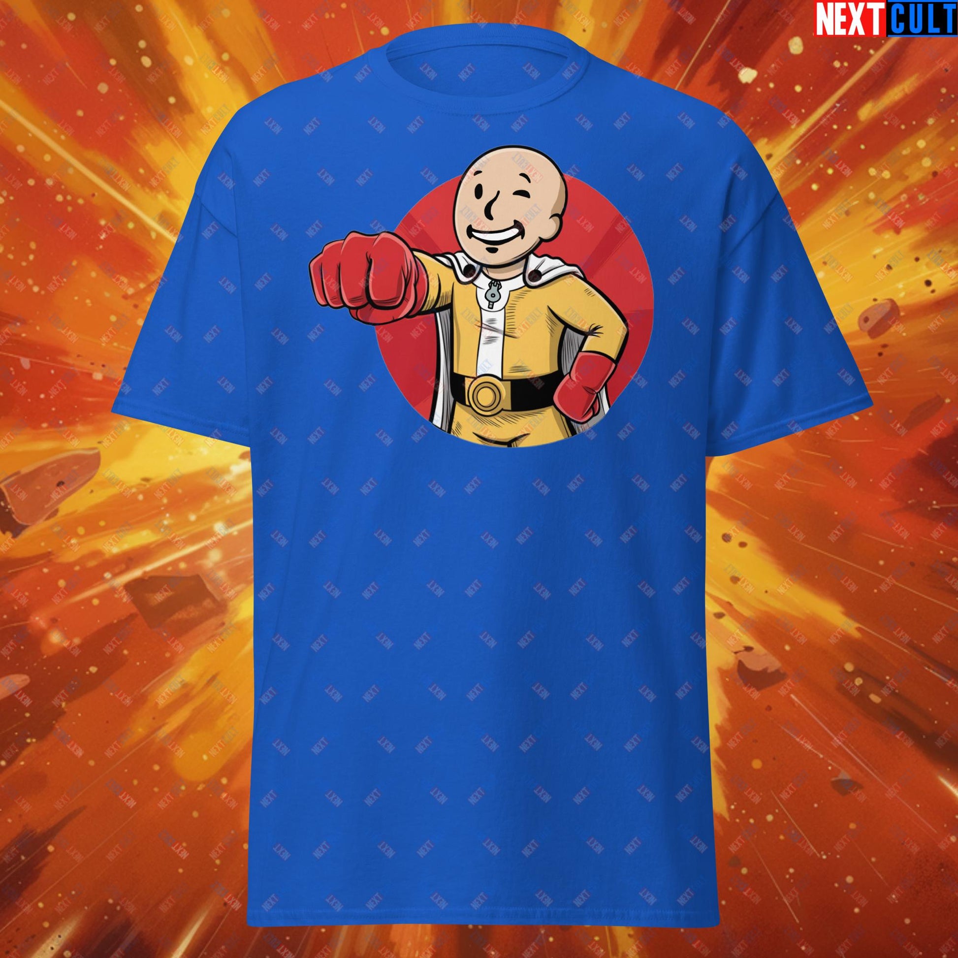 One Punch Boy One Punch Man Anime Vault Boy Fallout Funny Meme Cartoon Mashup Unisex tee Royal T-shirts Fallout One Punch Man TV Shows Vault Boy Next Cult Brand