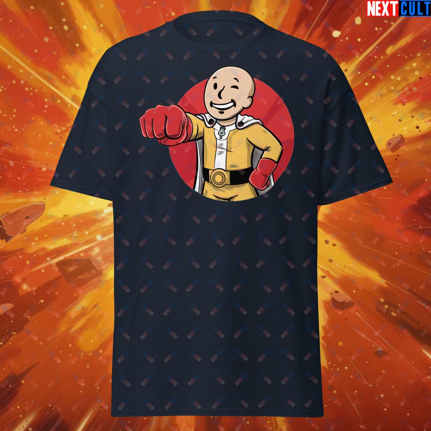 One Punch Boy One Punch Man Anime Vault Boy Fallout Funny Meme Cartoon Mashup Unisex tee Navy T-shirts Fallout One Punch Man TV Shows Vault Boy Next Cult Brand