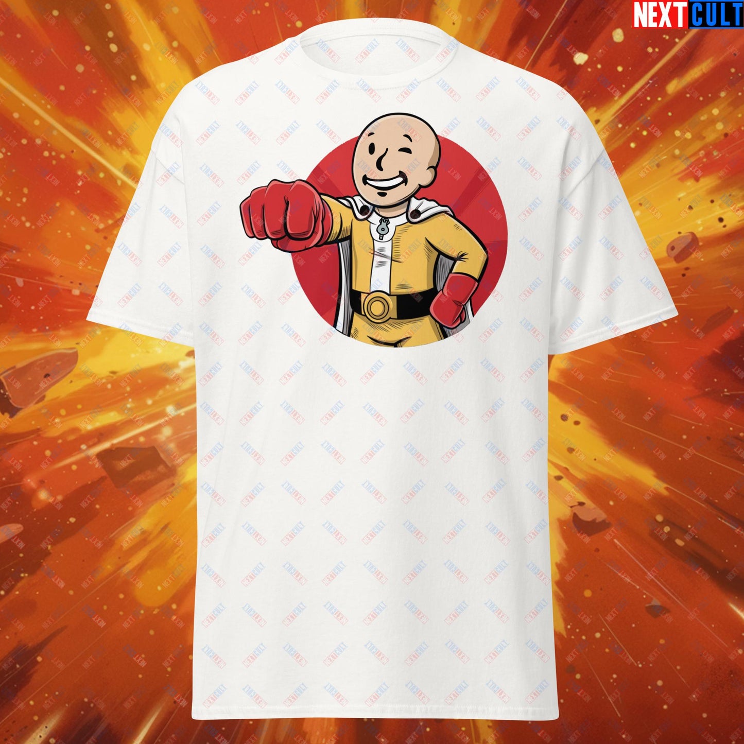 One Punch Boy One Punch Man Anime Vault Boy Fallout Funny Meme Cartoon Mashup Unisex tee White T-shirts Fallout One Punch Man TV Shows Vault Boy Next Cult Brand