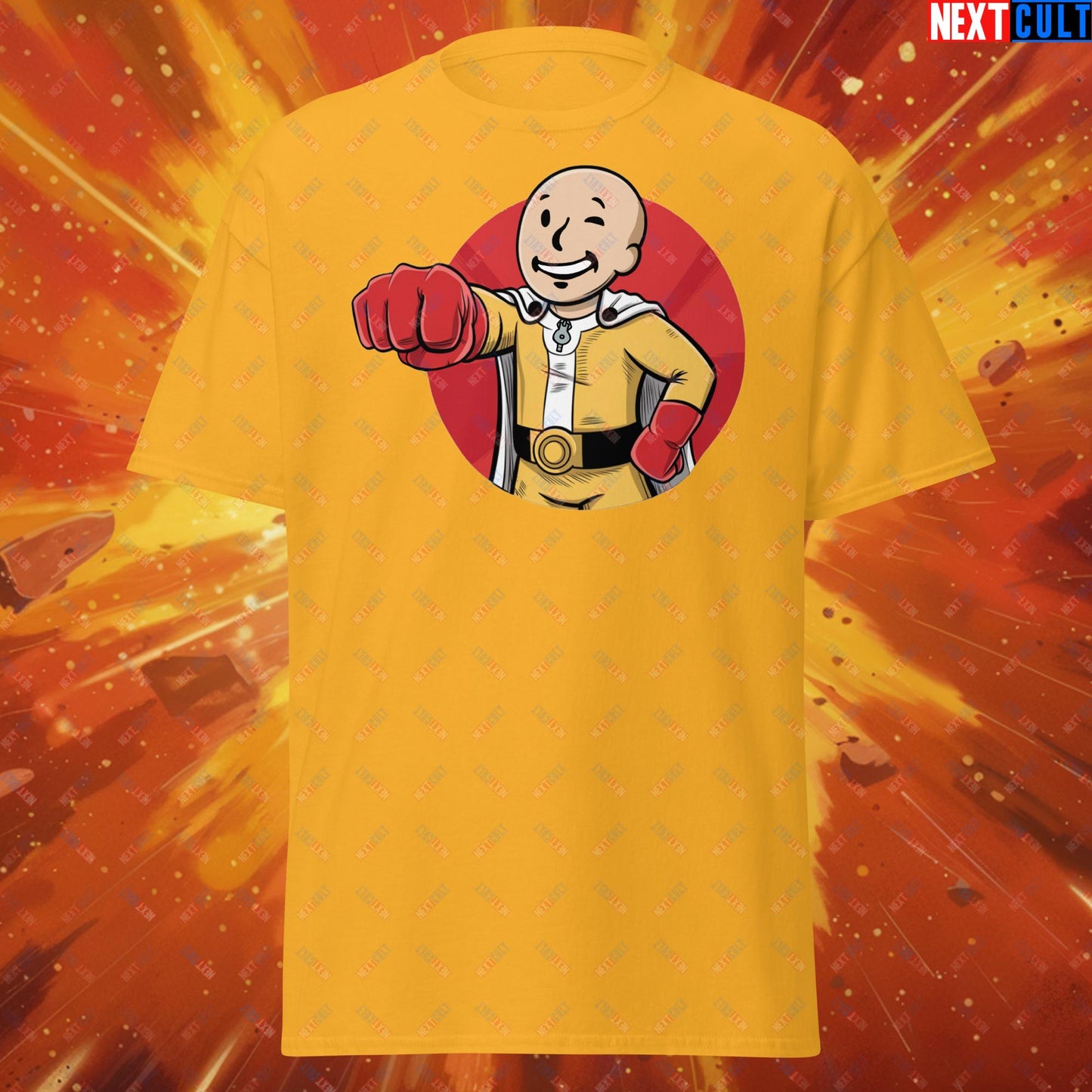 One Punch Boy One Punch Man Anime Vault Boy Fallout Funny Meme Cartoon Mashup Unisex tee Gold T-shirts Fallout One Punch Man TV Shows Vault Boy Next Cult Brand