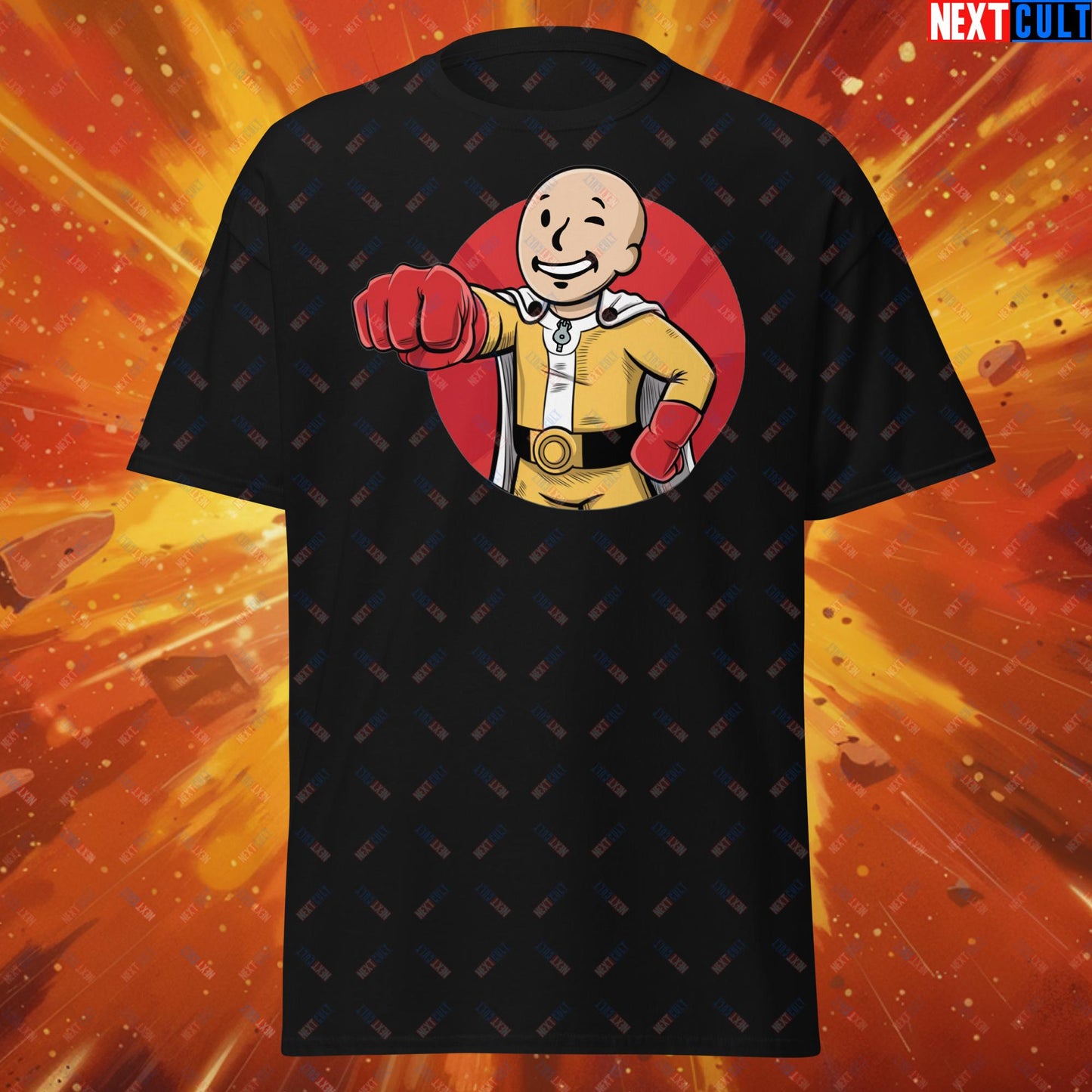 One Punch Boy One Punch Man Anime Vault Boy Fallout Funny Meme Cartoon Mashup Unisex tee Black T-shirts Fallout One Punch Man TV Shows Vault Boy Next Cult Brand