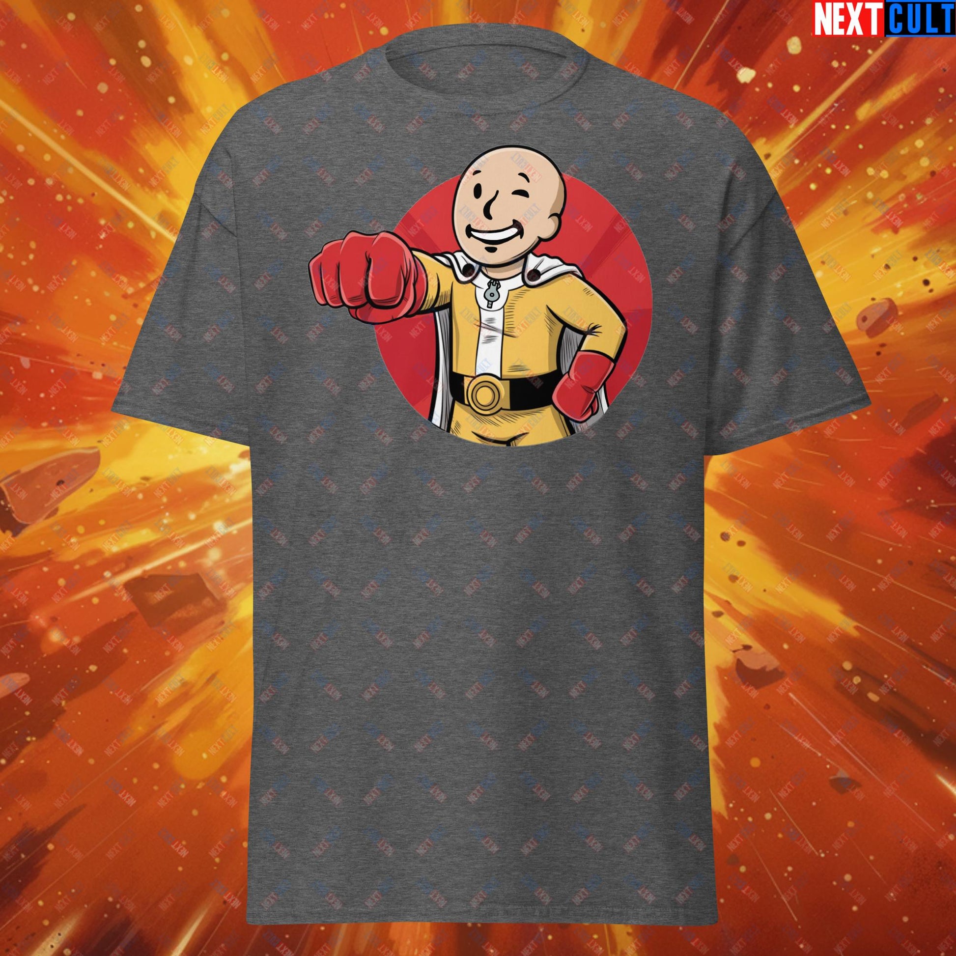 One Punch Boy One Punch Man Anime Vault Boy Fallout Funny Meme Cartoon Mashup Unisex tee Dark Heather T-shirts Fallout One Punch Man TV Shows Vault Boy Next Cult Brand