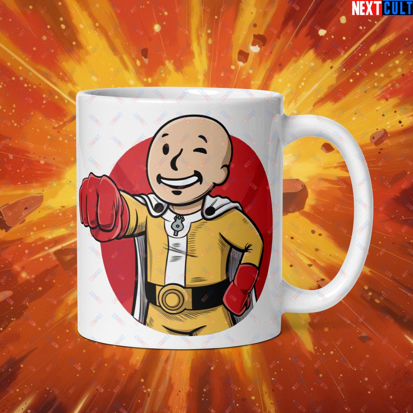 One Punch Boy One Punch Man Anime Vault Boy Fallout Funny Meme Cartoon Mashup White glossy mug Next Cult Brand