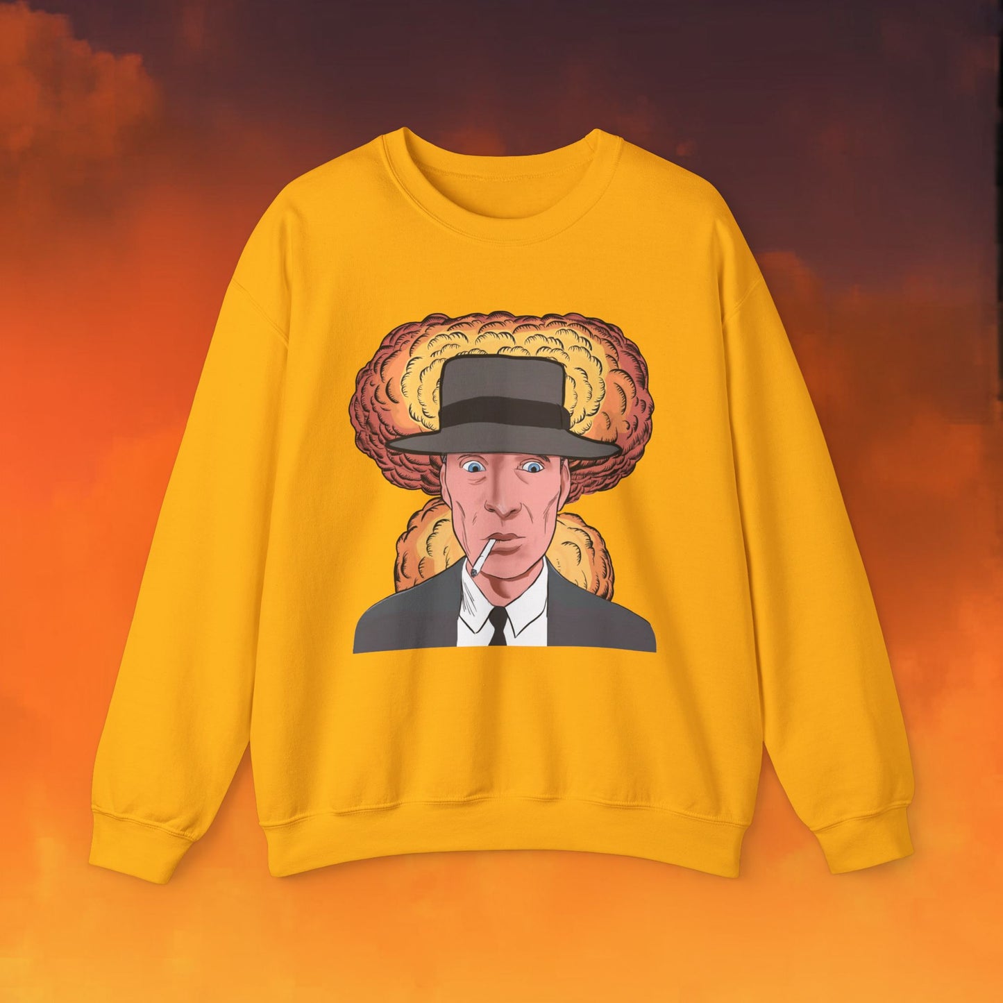 Oppenheimer Cartoon Funny Movie Cillian Murphy Unisex Heavy Blend Crewneck Sweatshirt Gold Sweatshirts Cillian Murphy Movies Oppenheimer Printify