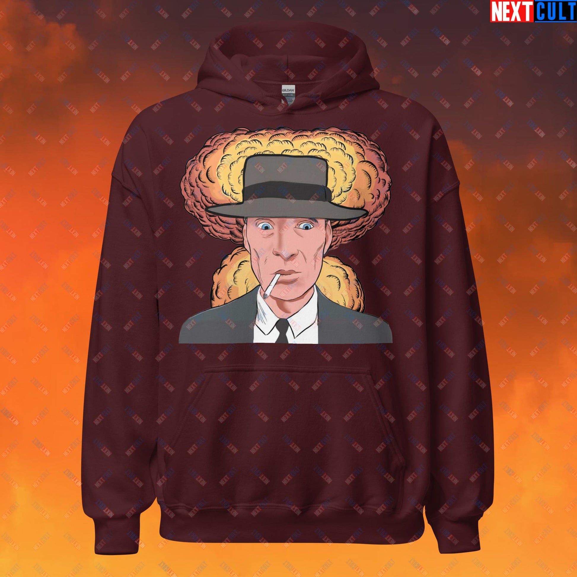 Oppenheimer Cartoon Funny Movie Cillian Murphy Unisex Hoodie Maroon Hoodies Cillian Murphy Movies Oppenheimer Next Cult Brand