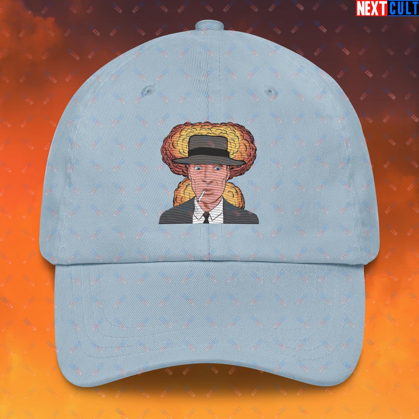 Oppenheimer Cartoon Funny Movie Nuclear Atomic Bomb Explosion Dad hat Light Blue Hats Cillian Murphy Movies Oppenheimer Next Cult Brand