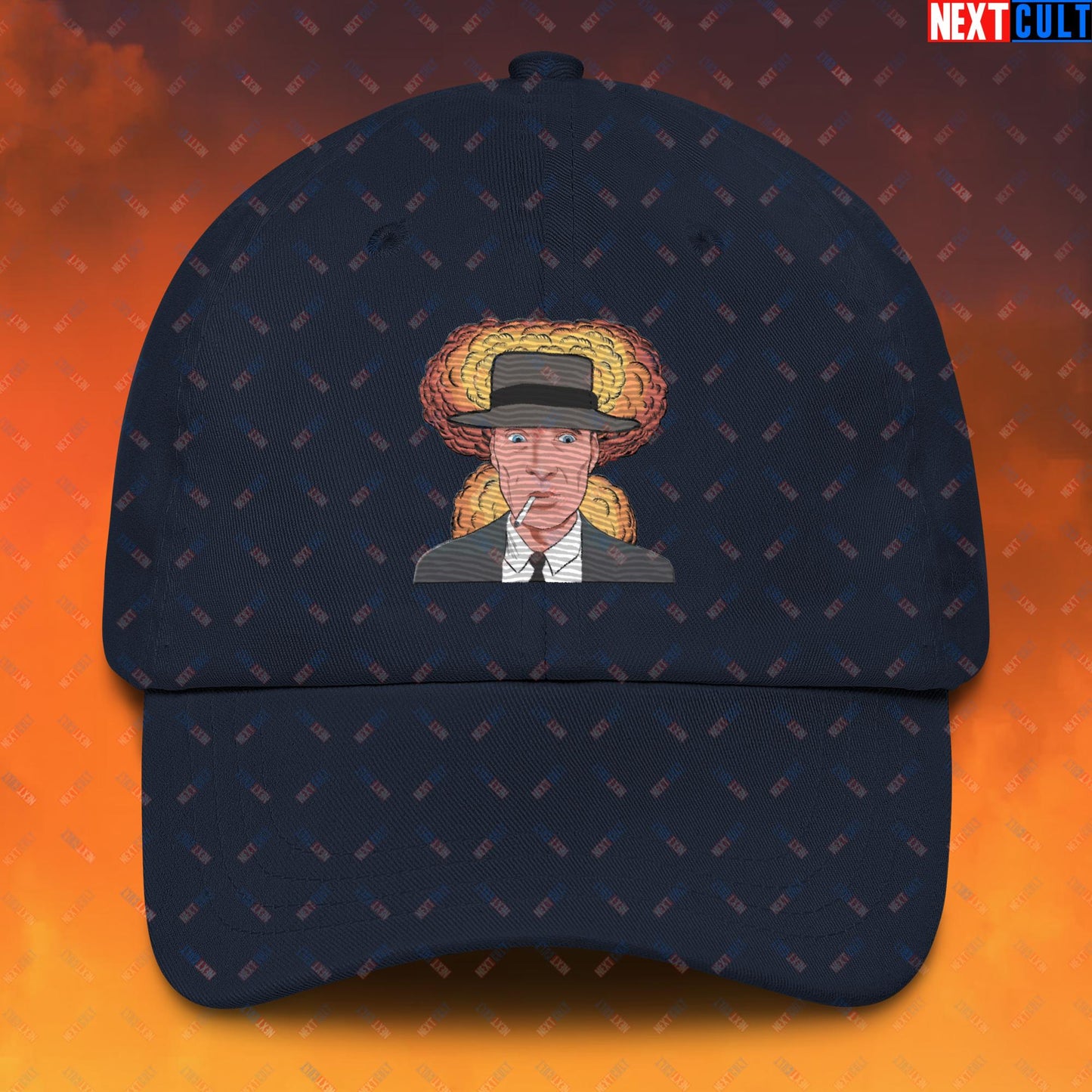 Oppenheimer Cartoon Funny Movie Nuclear Atomic Bomb Explosion Dad hat Navy Hats Cillian Murphy Movies Oppenheimer Next Cult Brand