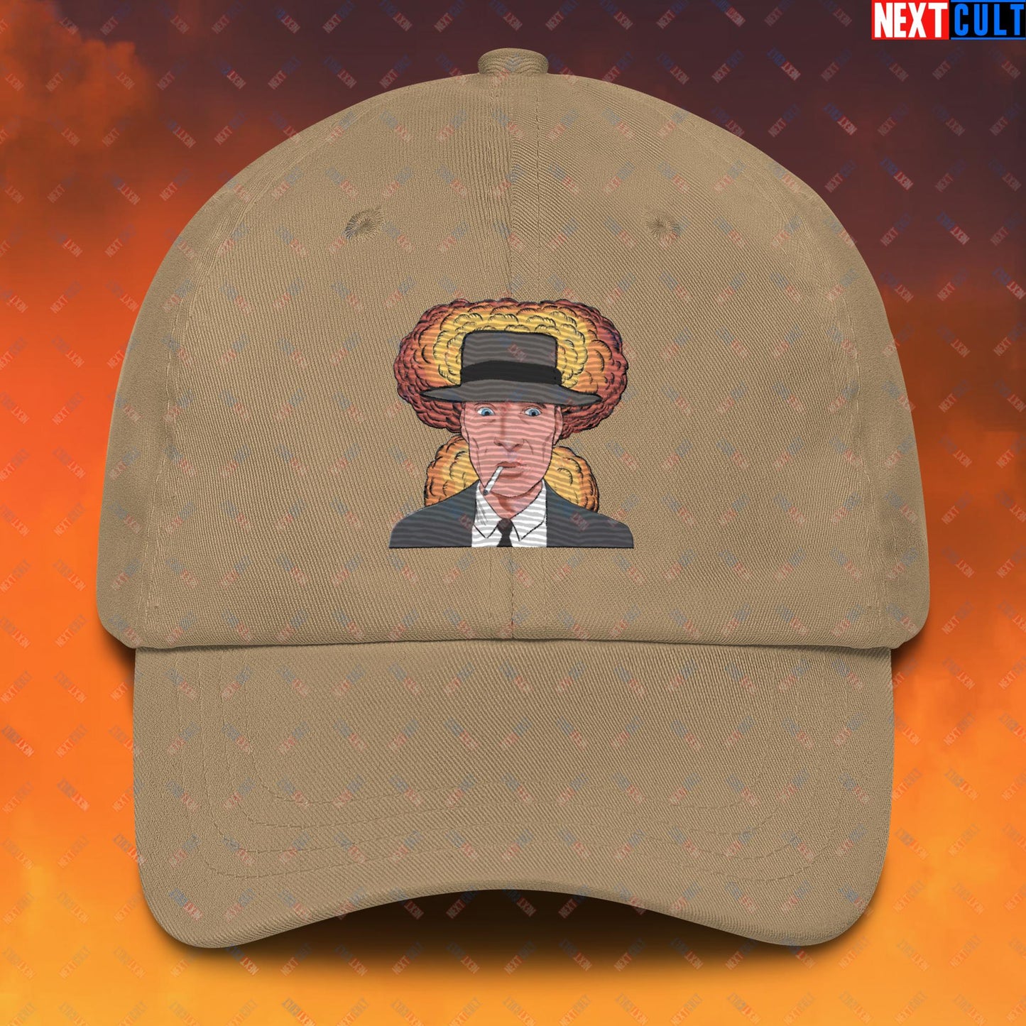 Oppenheimer Cartoon Funny Movie Nuclear Atomic Bomb Explosion Dad hat Khaki Hats Cillian Murphy Movies Oppenheimer Next Cult Brand