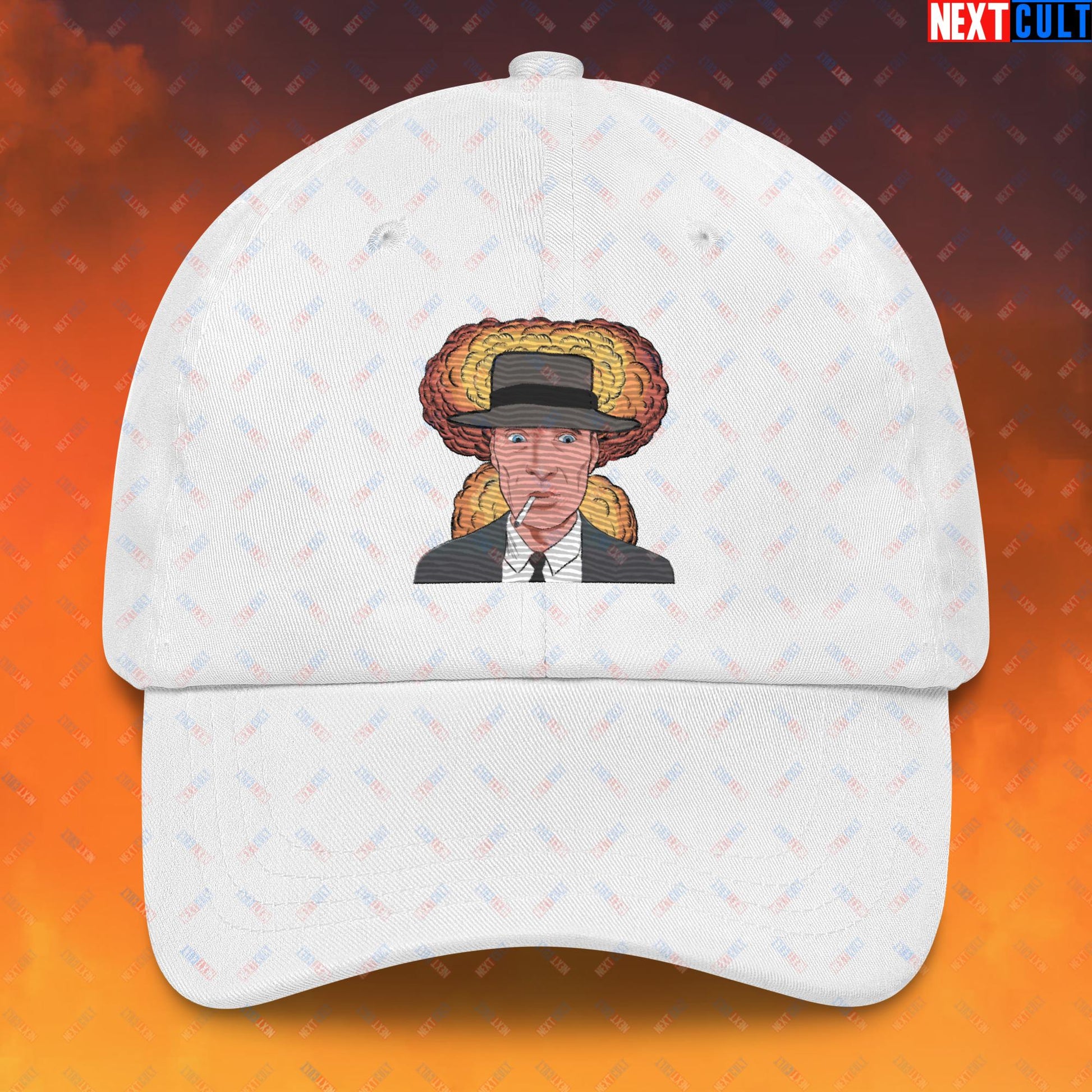 Oppenheimer Cartoon Funny Movie Nuclear Atomic Bomb Explosion Dad hat White Hats Cillian Murphy Movies Oppenheimer Next Cult Brand