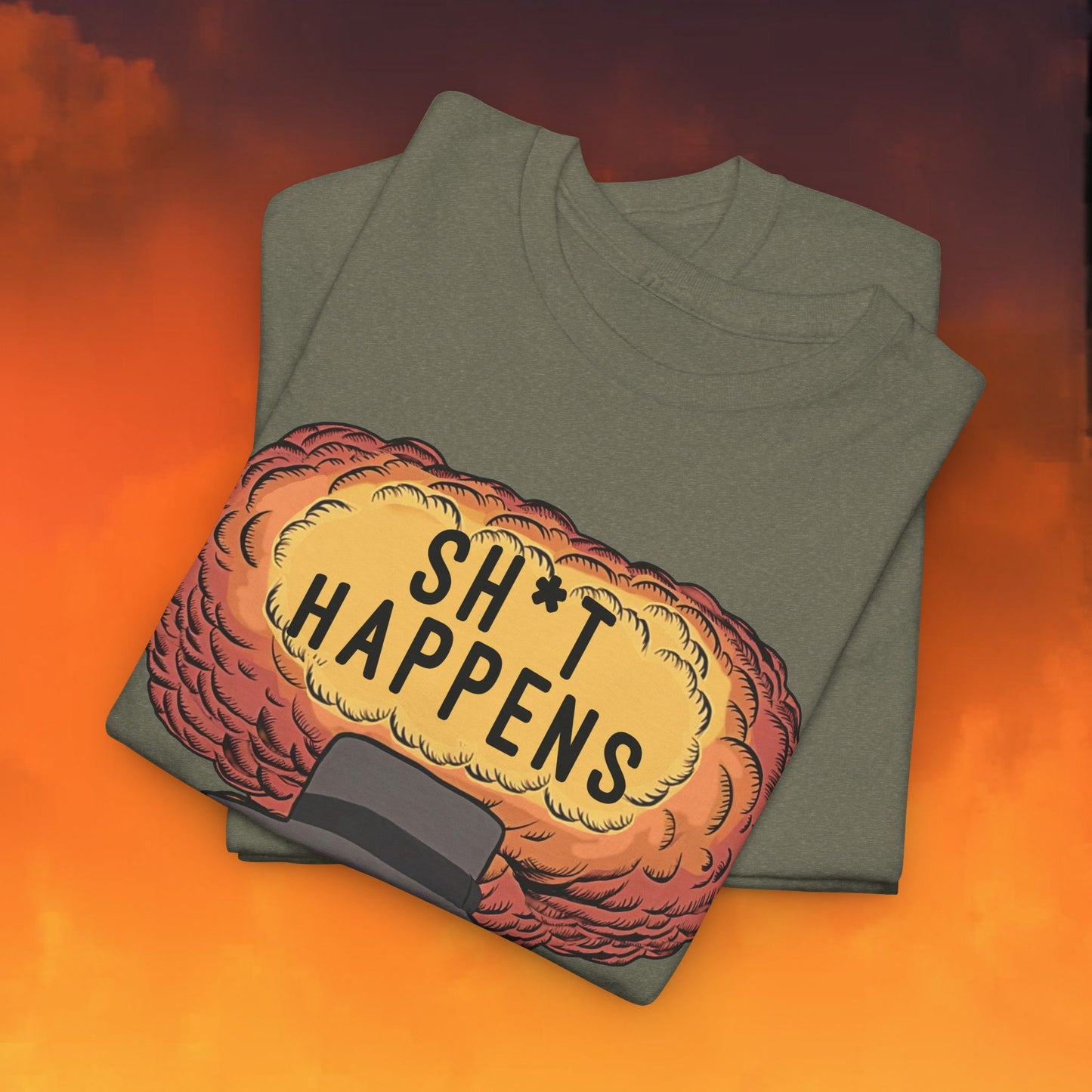 Oppenheimer Sh*t Happens Funny Movie Parody Nuclear Atomic Bomb Explosion Unisex Heavy Cotton Tee Next Cult Brand