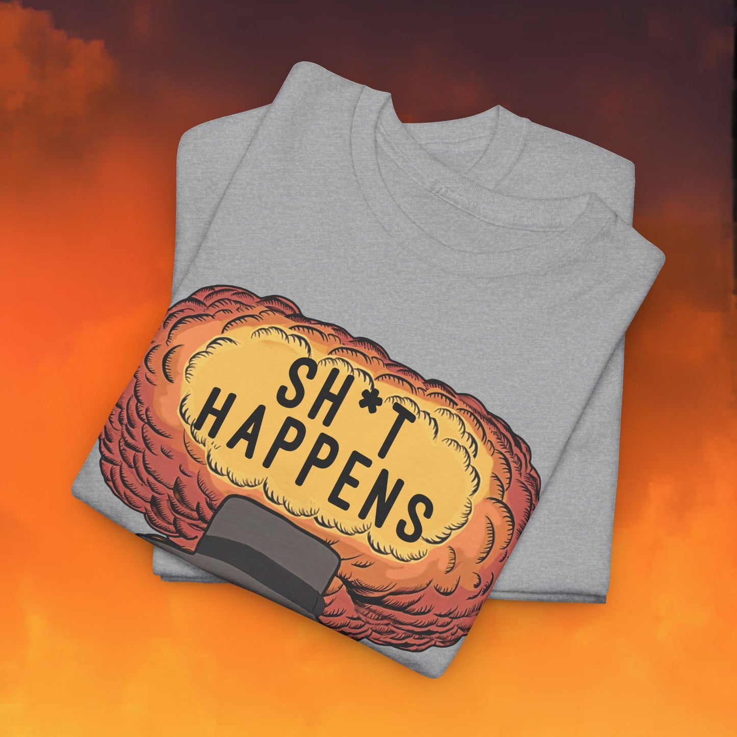 Oppenheimer Sh*t Happens Funny Movie Parody Nuclear Atomic Bomb Explosion Unisex Heavy Cotton Tee Next Cult Brand