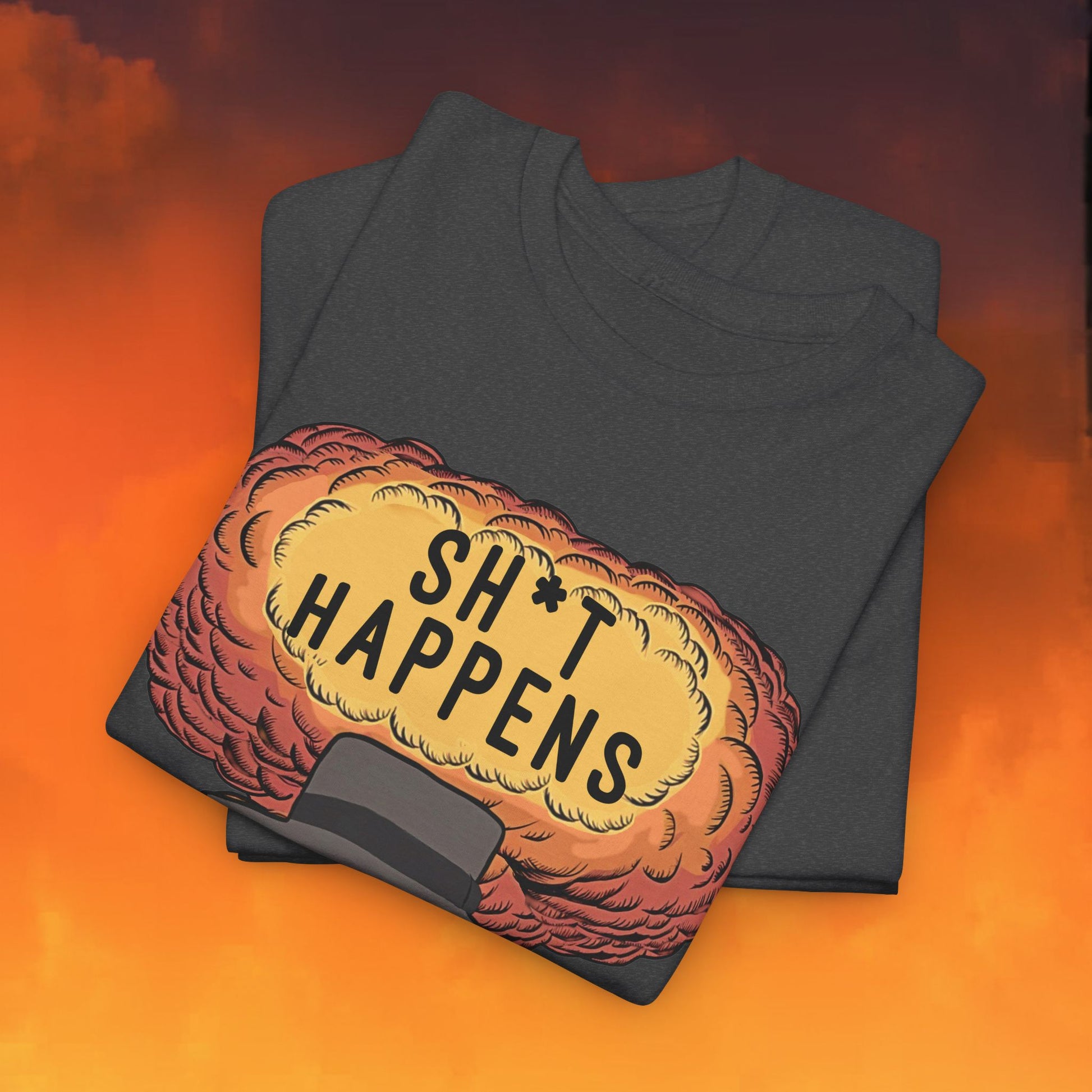 Oppenheimer Sh*t Happens Funny Movie Parody Nuclear Atomic Bomb Explosion Unisex Heavy Cotton Tee Next Cult Brand